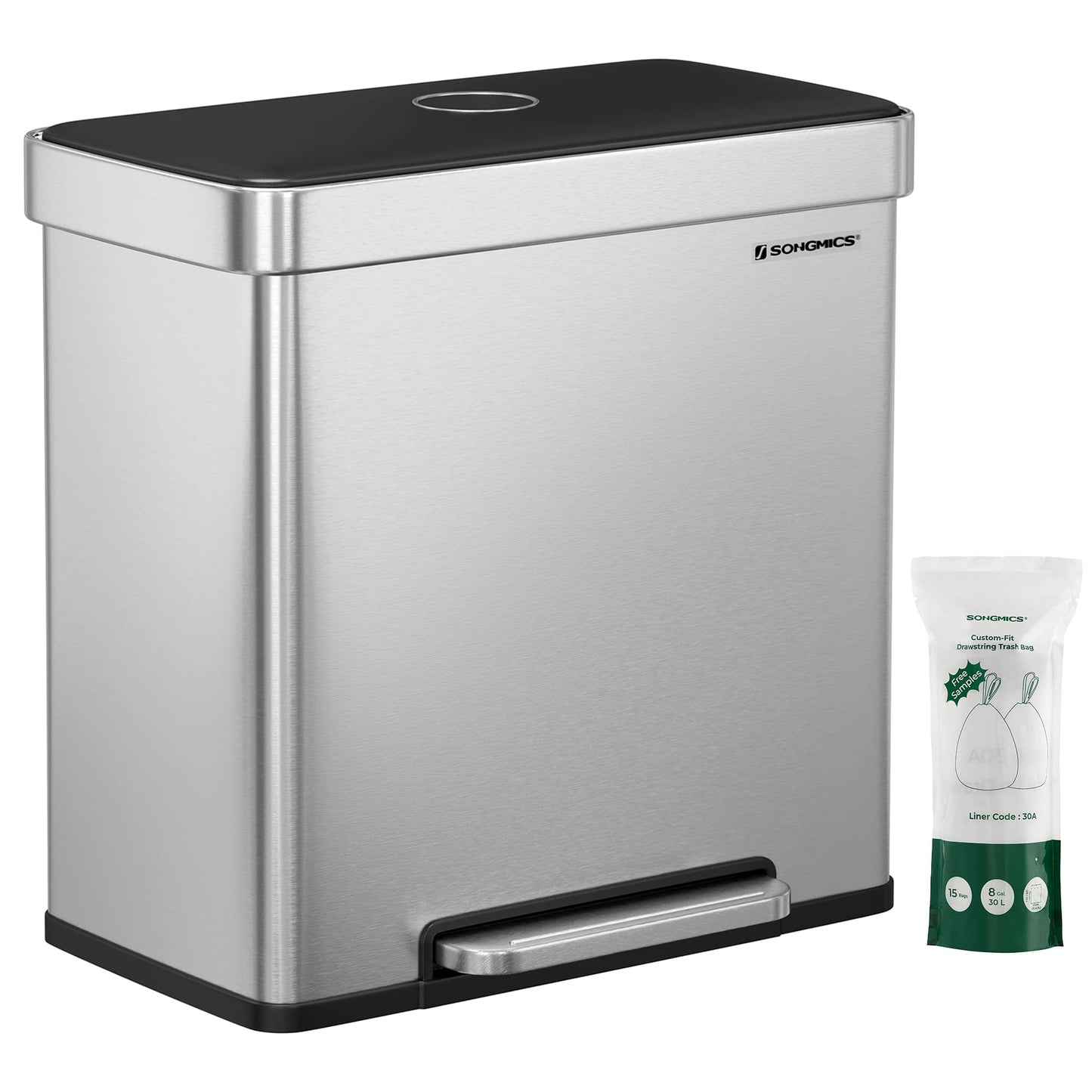 SONGMICS Kitchen Bin, 2 x 30L Stainless Steel Pedal Rubbish Bin with 15 Trash Bags, Recycling and Waste, with Plastic Inner Buckets, Lid, Soft