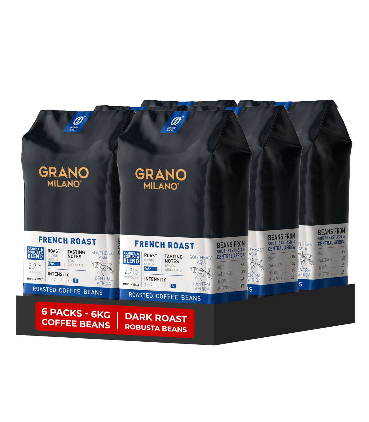 Grano Milano Coffee Beans 6kg (6 x 1kg Bags) French Roast Robusta Blend, Dark Roast, Intensity 10/10 Extra Strong Coffee, Made in Italy