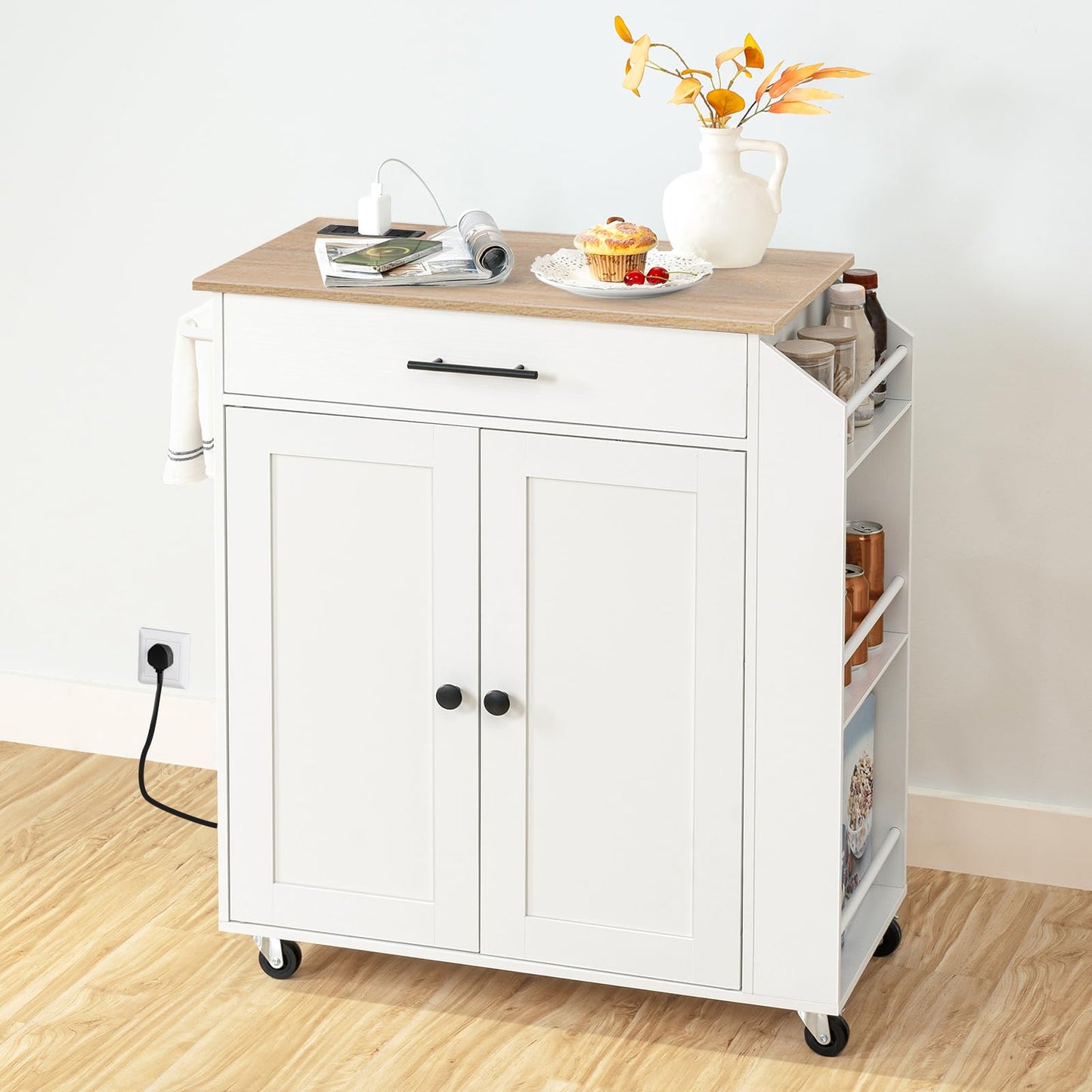 HOOBRO Kitchen Island on Wheels, Rolling Kitchen Island Storage Trolley with Spice Rack and Drawer, with Power Outlet, Utility Serving Cart, for Home