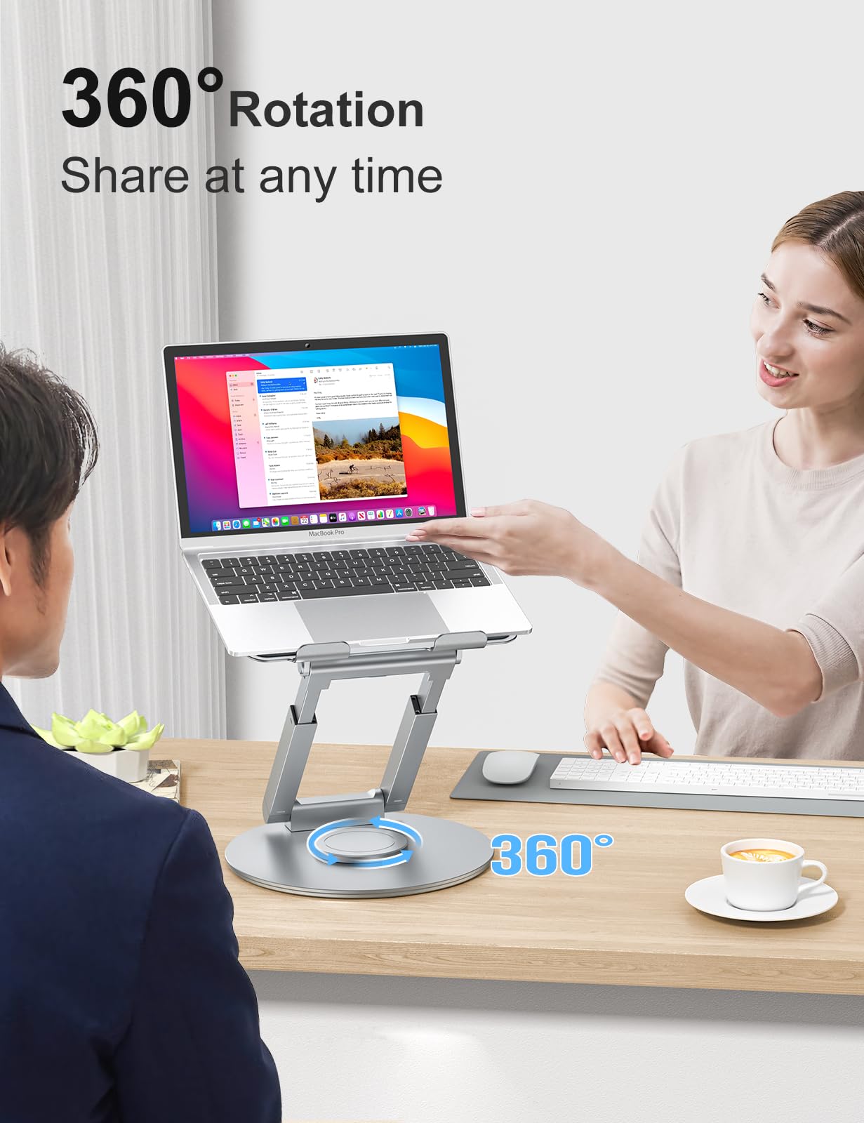 tounee Telescopic Laptop Stand for Desk with 360 Swivel Base, Sit to Stand, Height Adjustable, Portable Riser Holder for Good Posture, Compatible