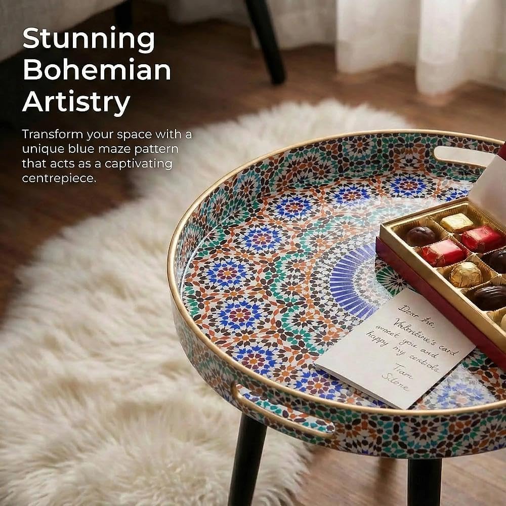Simmer Stone Round Indoor Side Tables with Detachable Wooden 3 Legs, Versatile Tray Table, Perfect For Round Coffee Table Tea