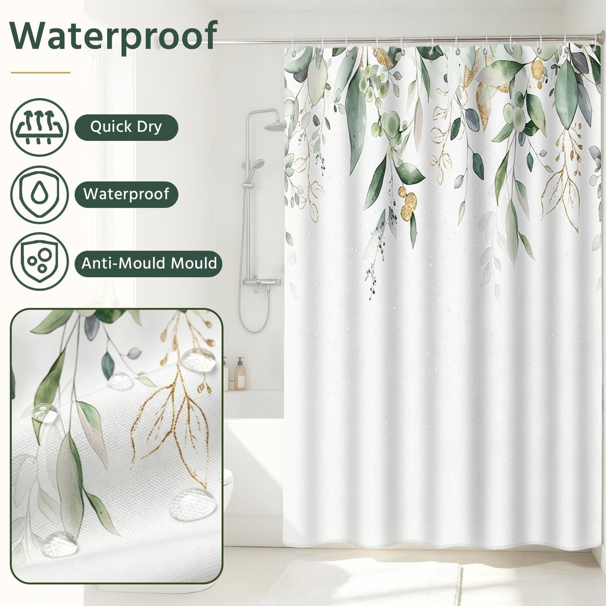 FAVORTALK Shower Curtain Waterproof Polyester Bathroom Curtains,180 x 180 cm Washable Bath Curtains, Quick-Drying