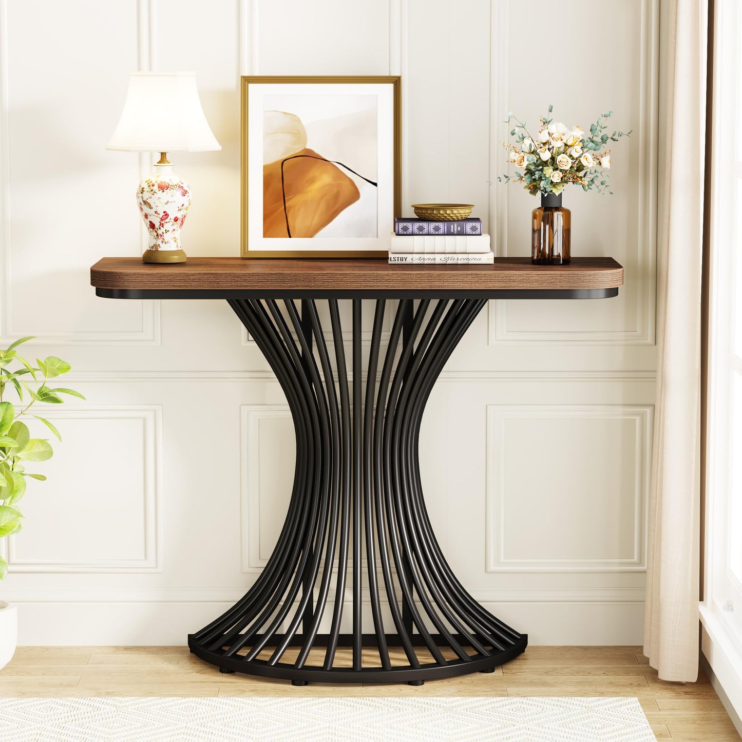 LITTLE TREE 39-Inch Small Industrial Console Table Entryway Table with Geometric Metal Base Entrance, Living Room, Hallway