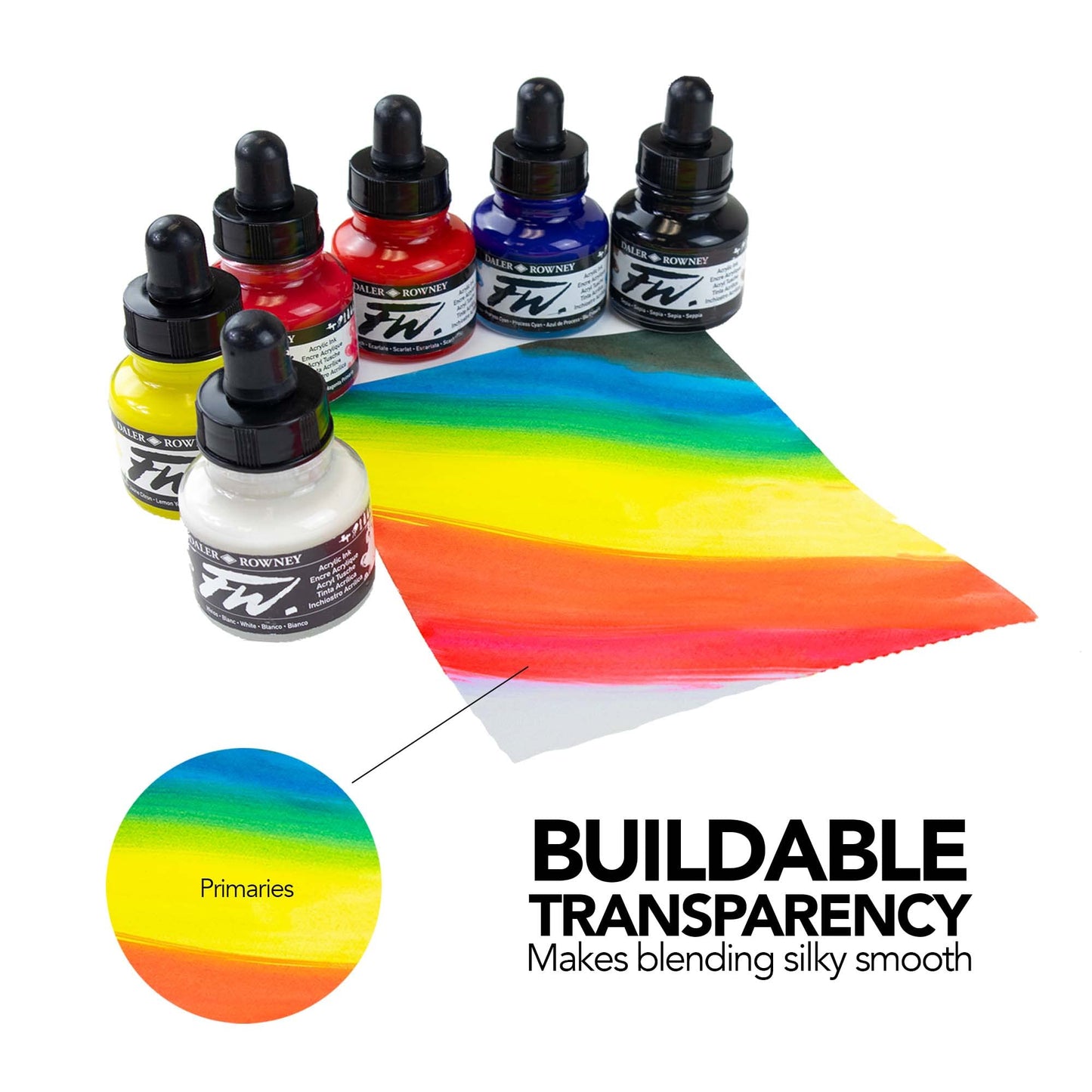 Daler-Rowney FW Primary Ink Set, 6 x 29.5ml Bottles & 1 FW Mixed Media Marker, Acrylic Based Ink, Assorted Colours, Ideal for Professional Artists &