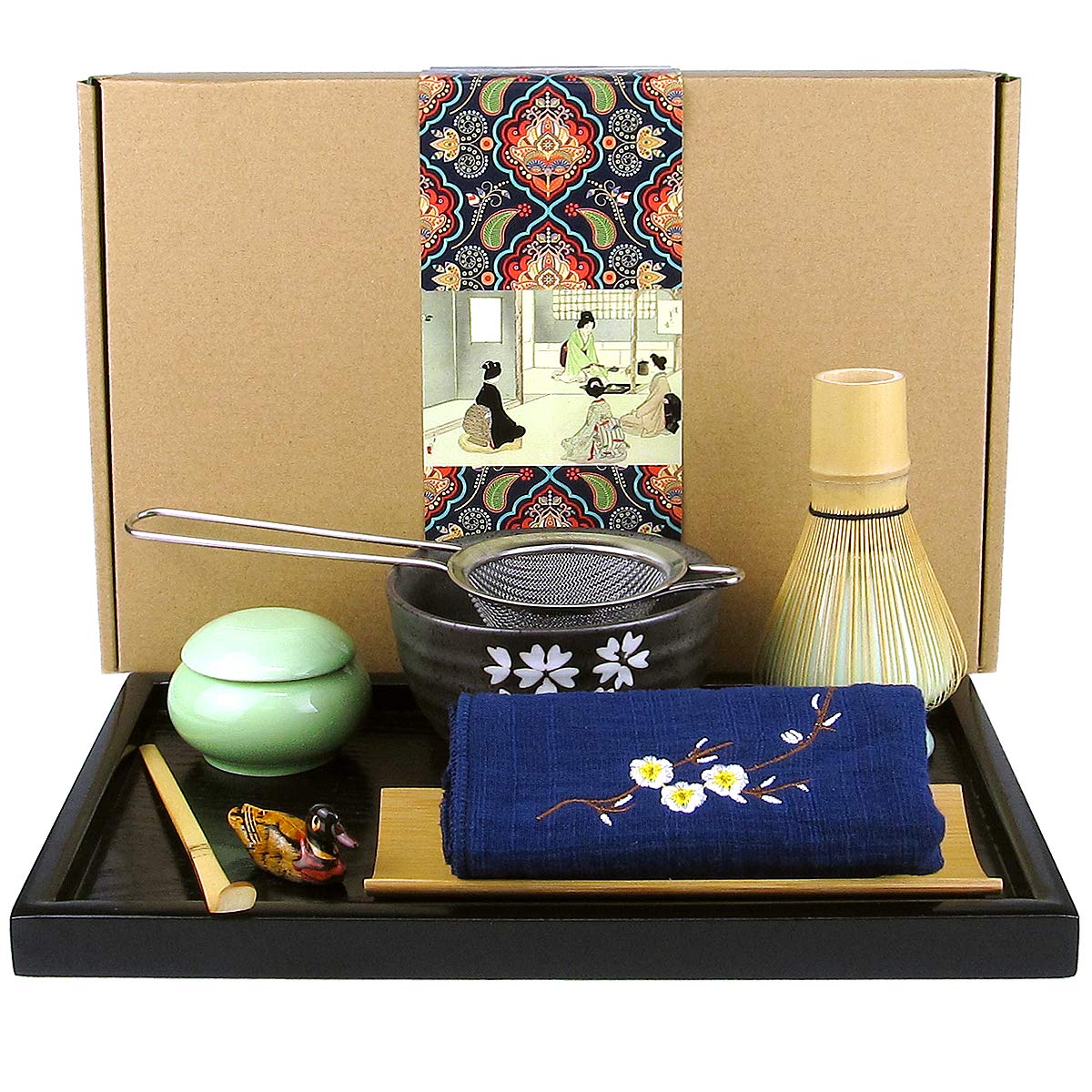Artcome Japanese Matcha Tea Set, Matcha Whisk, Traditional Spoon, Matcha Bowl, Black Bamboo Tray, Ceramic Whisk Holder, Matcha Box, Handmade Matcha