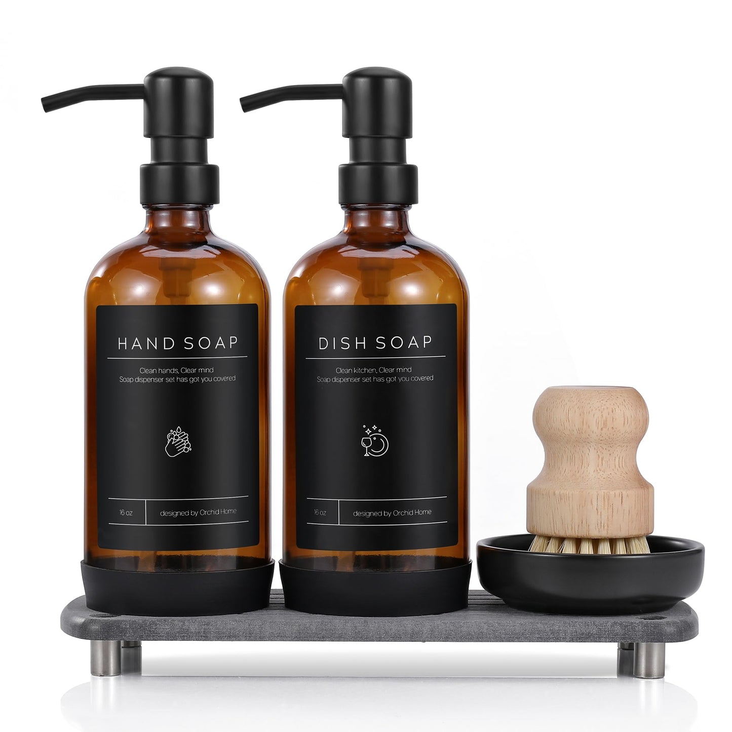 [Luxury] Kitchen Soap Dispenser Set - 16OZ Amber Glass Bottle, Stainless Steel Pump, Instant Dry Tray, Waterproof Labels, Non-Slip Silicone Pad, and
