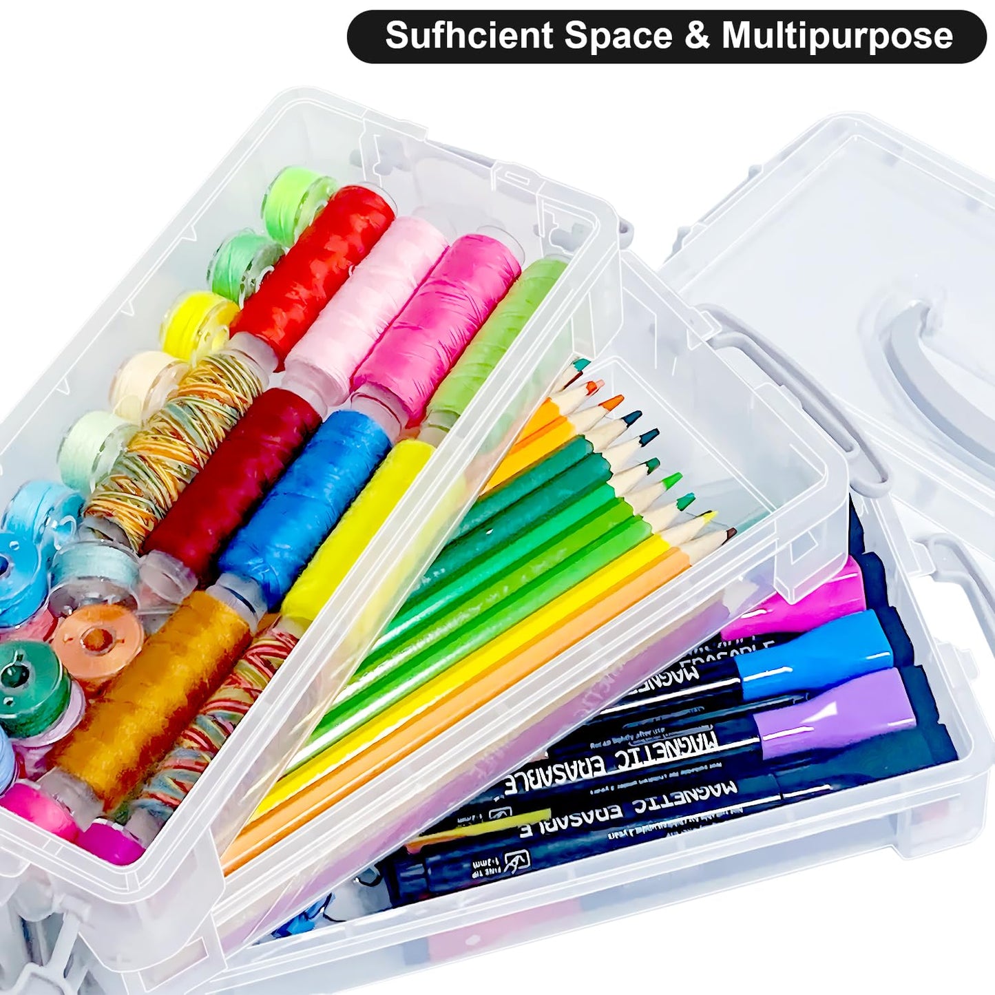 DARUITE Pencil Case with Lid, 3 Tier Plastic Pencil Box with Handle