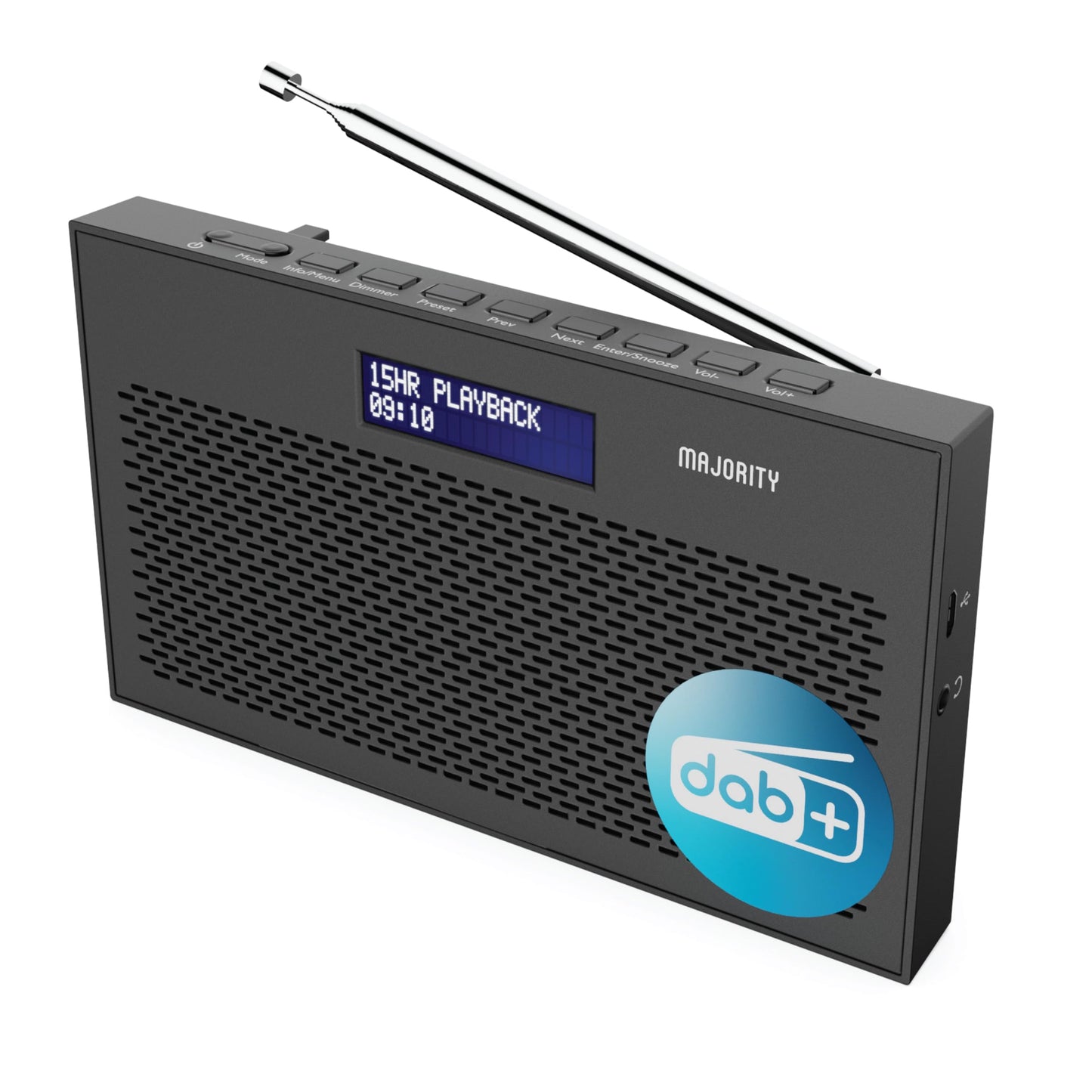 Portable DAB/DAB+ Digital Radio | 15H Battery and Mains Powered | Kitchen FM Radio, 20 Presets | LED Display, 3.5mm Headphone Jack | Dual Alarm with
