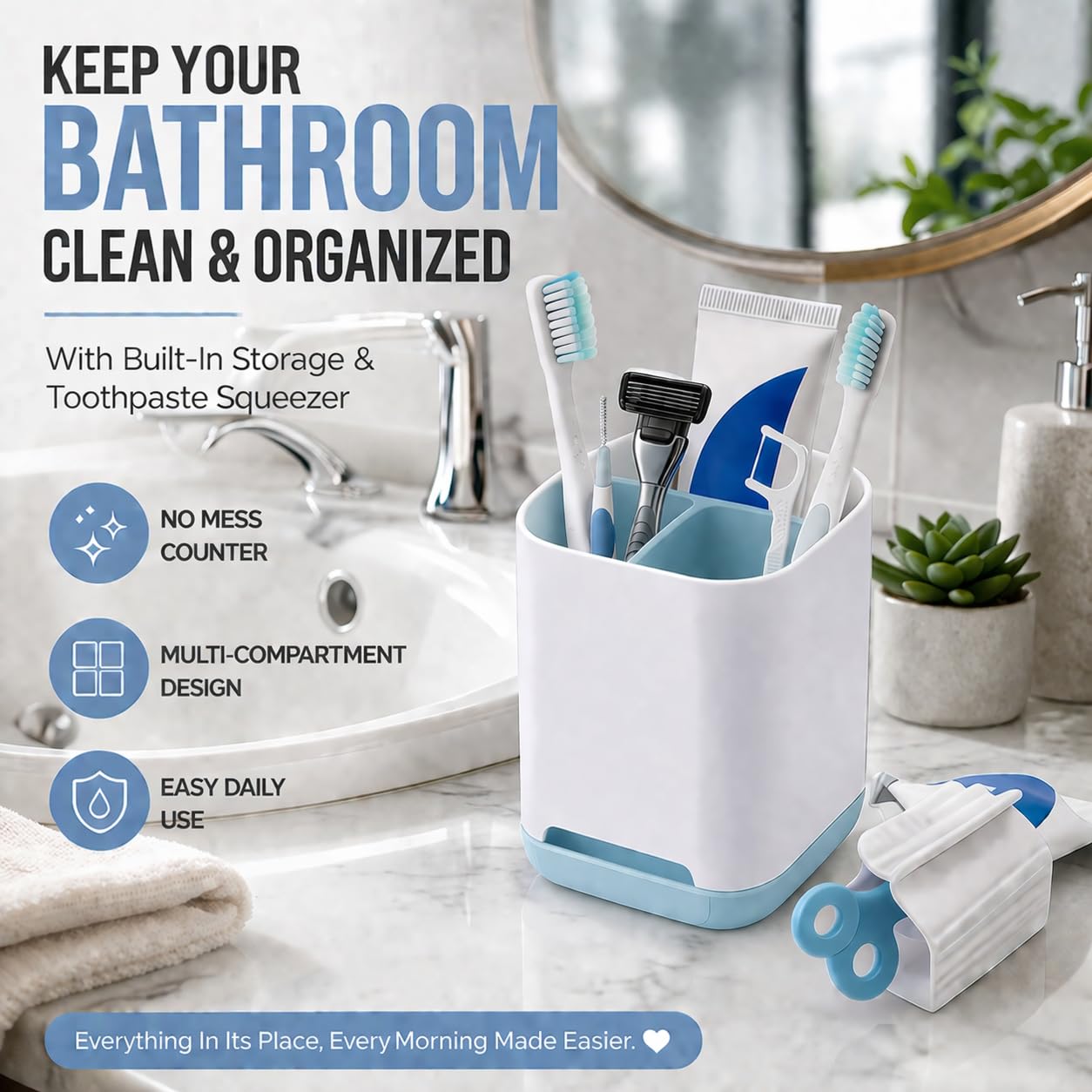 Gill Global Toothbrush Holder with Toothpaste Squeezer, 3 Slot Bathroom Organiser, Toothbrush Stand with Drainage, Bathroom Storage Cup