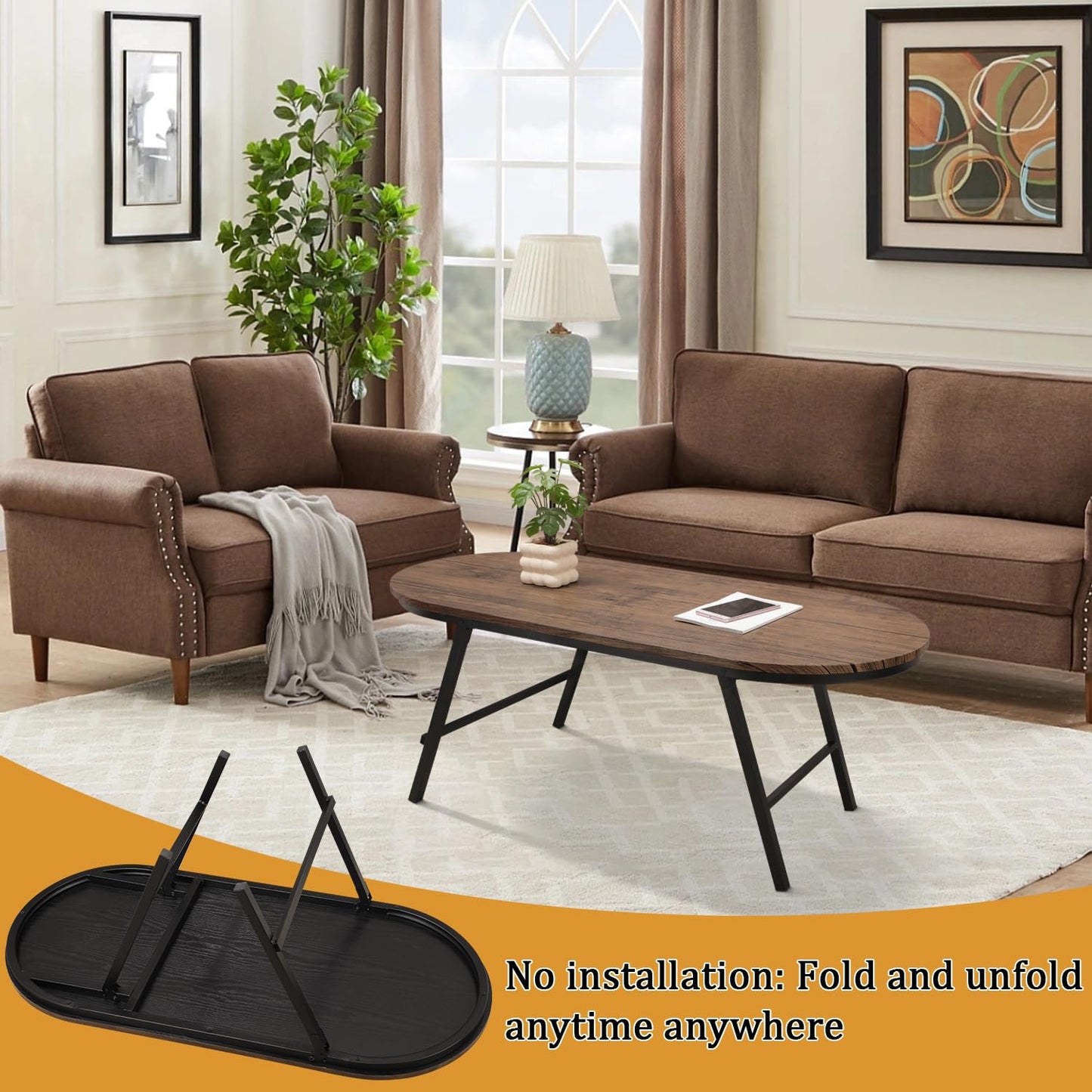 FEUFOAM Folding Coffee Table for Small Spaces Wood and Metal Oval Coffee Tables No Assembly Low Coffee Table for Living Room, Home, Office