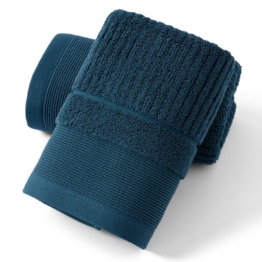 sense gnosis Super Soft Thick Hand Towel Set of 2 Ribbed Striped 100% Cotton Absorbent Decorative hand Towel for Bathroom 13 x 29 Inch, Blue Navy