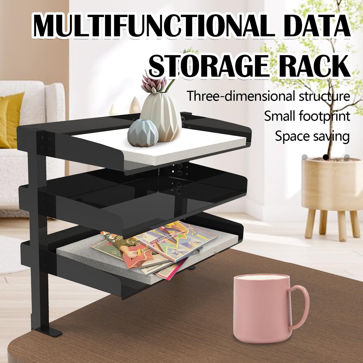 Ysislybin Desk Shelf, Clampable Desk Organizer Shelf, 3-Tier Clip-On Table Frame, Black Storage Rack, Table Top Rack for Home, Office And School