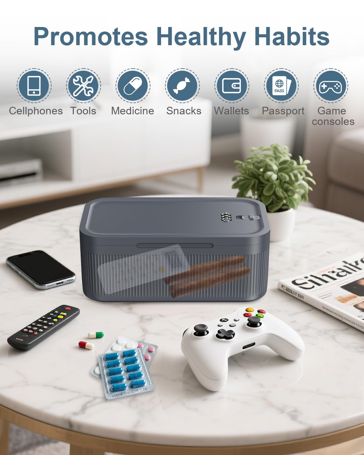 Ankilo Lockable Storage Box with Code, Portable Lock Box Medicine, Grey