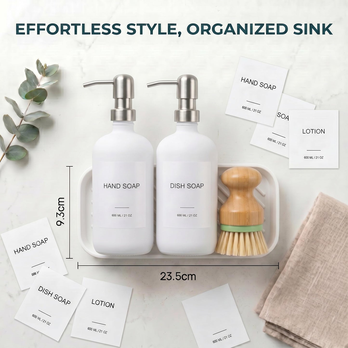 Hand & Dish Soap Dispenser with Dish Brush, Washing Up Liquid Dispenser Set 600ml, PET Plastic Bottle with Stainless Steel Pump