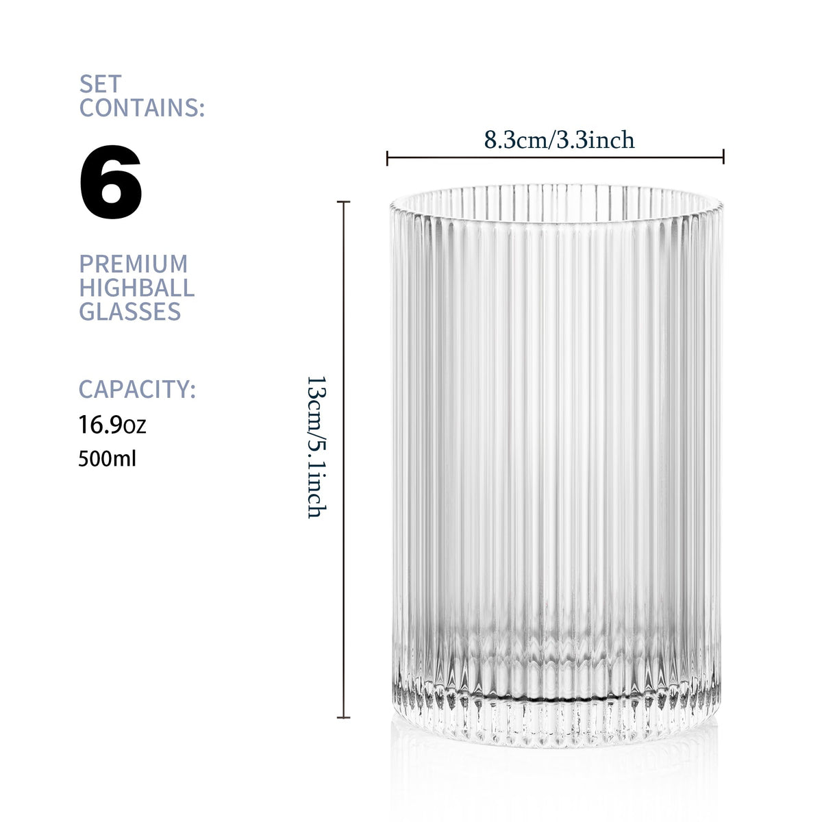 POLIDREAM Vintage Ribbed Glassware Set: 6pcs 16.9oz Drinking Glasses, Fluted Ripple Drinkware, Origami Style, Elegant Glassware for Whiskey, Cocktail,