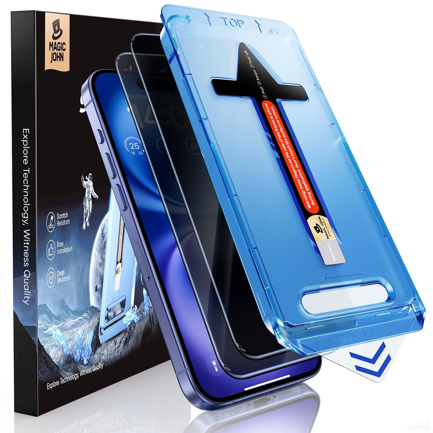 MAGIC JOHN 2 Pack for iPhone 16 Privacy Screen Protector 6.1 inch, Anti Spy Tempered Glass Film, Auto Dust-Elimination Installation, Bubble Free, Case