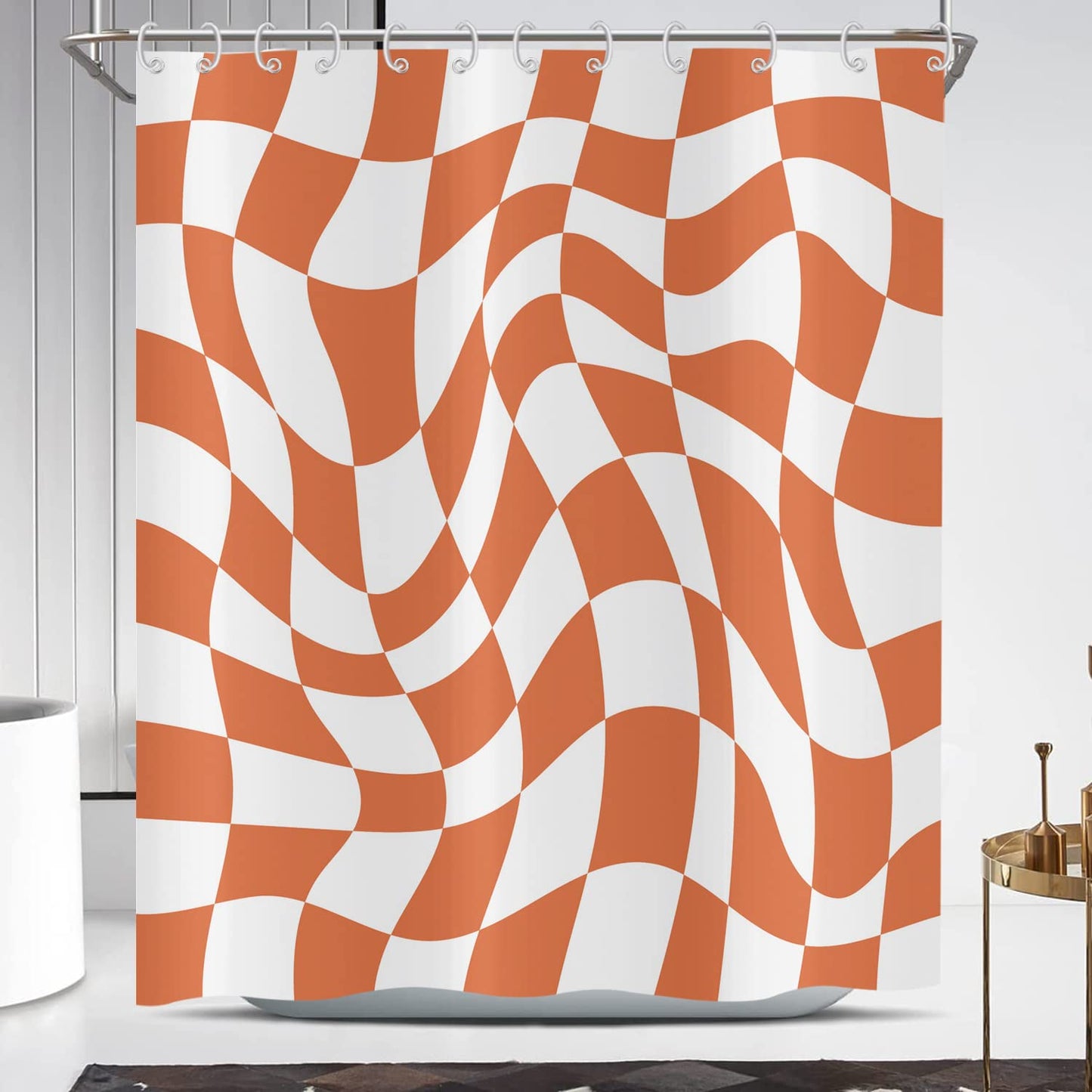Hnmdmyi Orange Groovy Checkerboard Shower Curtain 180x180, 70s Retro Modern Abstract Psychedelic Groovy Wavy Aesthetic Hippie Funky Waterproof