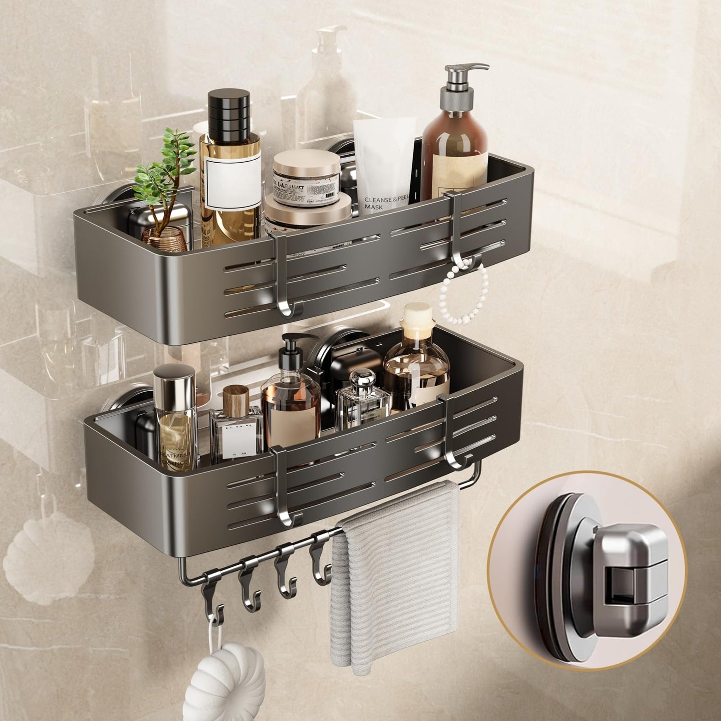 Voldra Shower Caddy Suction Cup, Adhesive Bathroom Shelves Shower Storage Wall Mounted Bathroom Caddy Stick on Shower Organiser Rack With 8 Removable