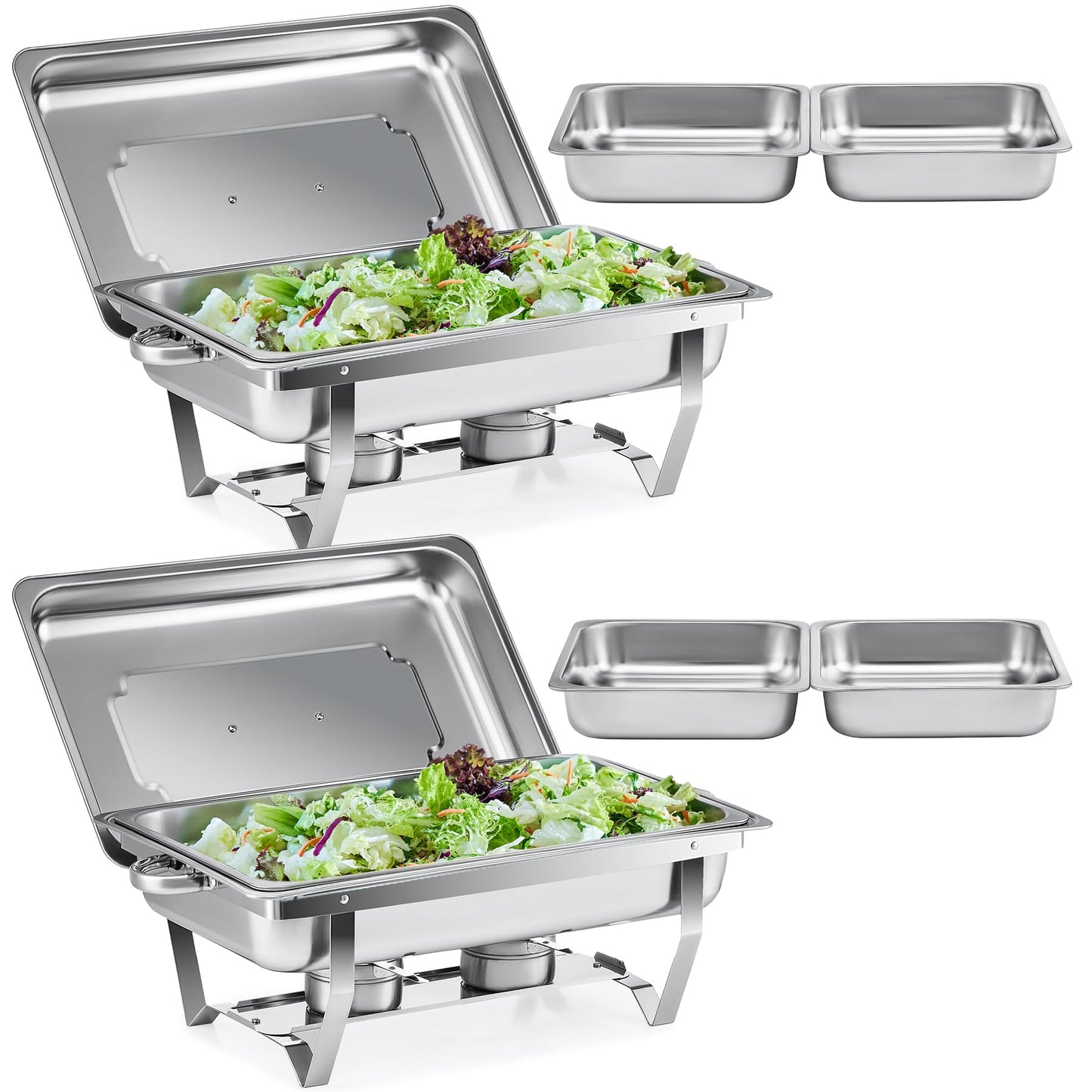 WILPREP Chafing Dish Buffet Set, 2 Pack 9L Chafers for Catering with 2 Full & 4 Half Size Pans Lids Foldable Frames Fuel Holders, Stainless Steel Food
