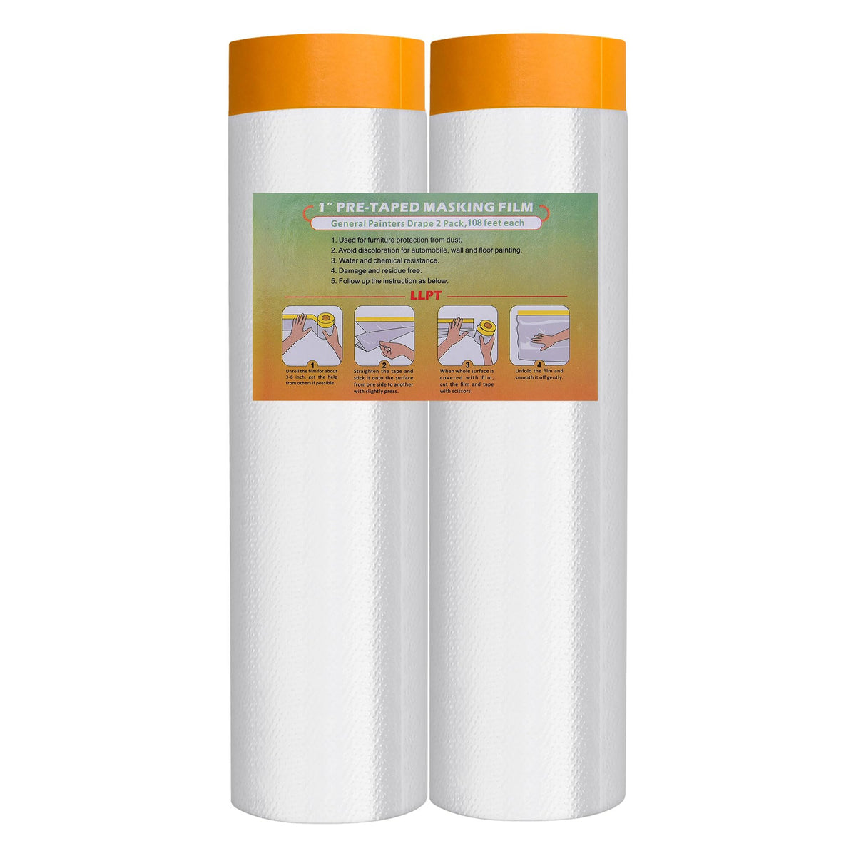LLPT Tape and Drape Pre-Taped Masking Film | 2-Pack | Versatile Painter's Plastic Dust Sheets for Auto Wall Furniture Painting and Spraying Protection