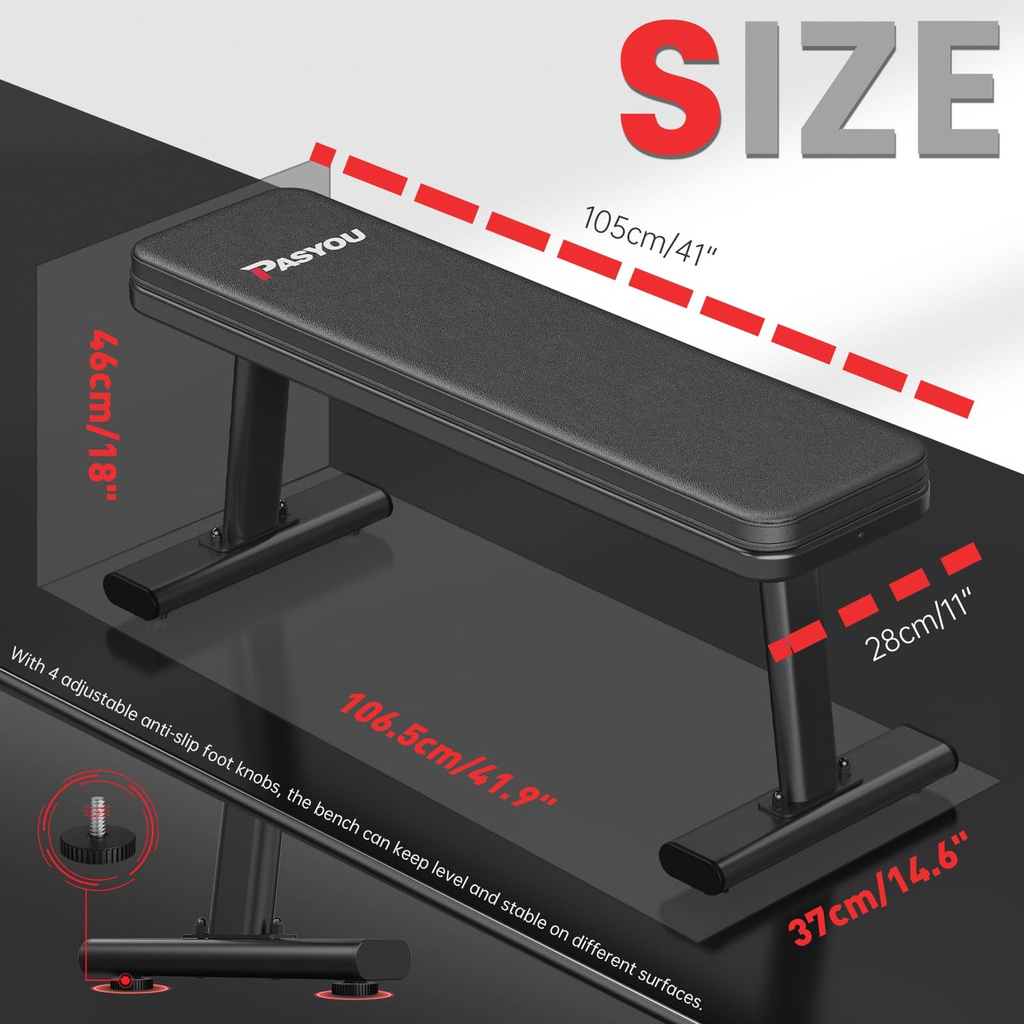 PASYOU PW100 Weight Bench, Heavy Duty Workout Bench with Max Load 660KG, 90MM Thickness Pad & Adjustable Foot Caps, Weight Bench for Home Gym Weight