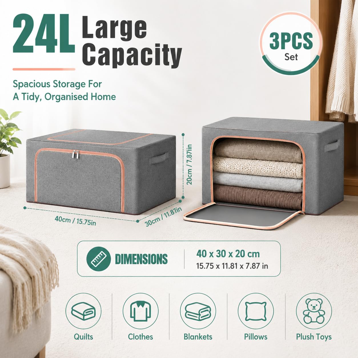 Clothes Storage Bags for Wardrobe, 3PCS 24l Under Bed Storage Bag with Zip