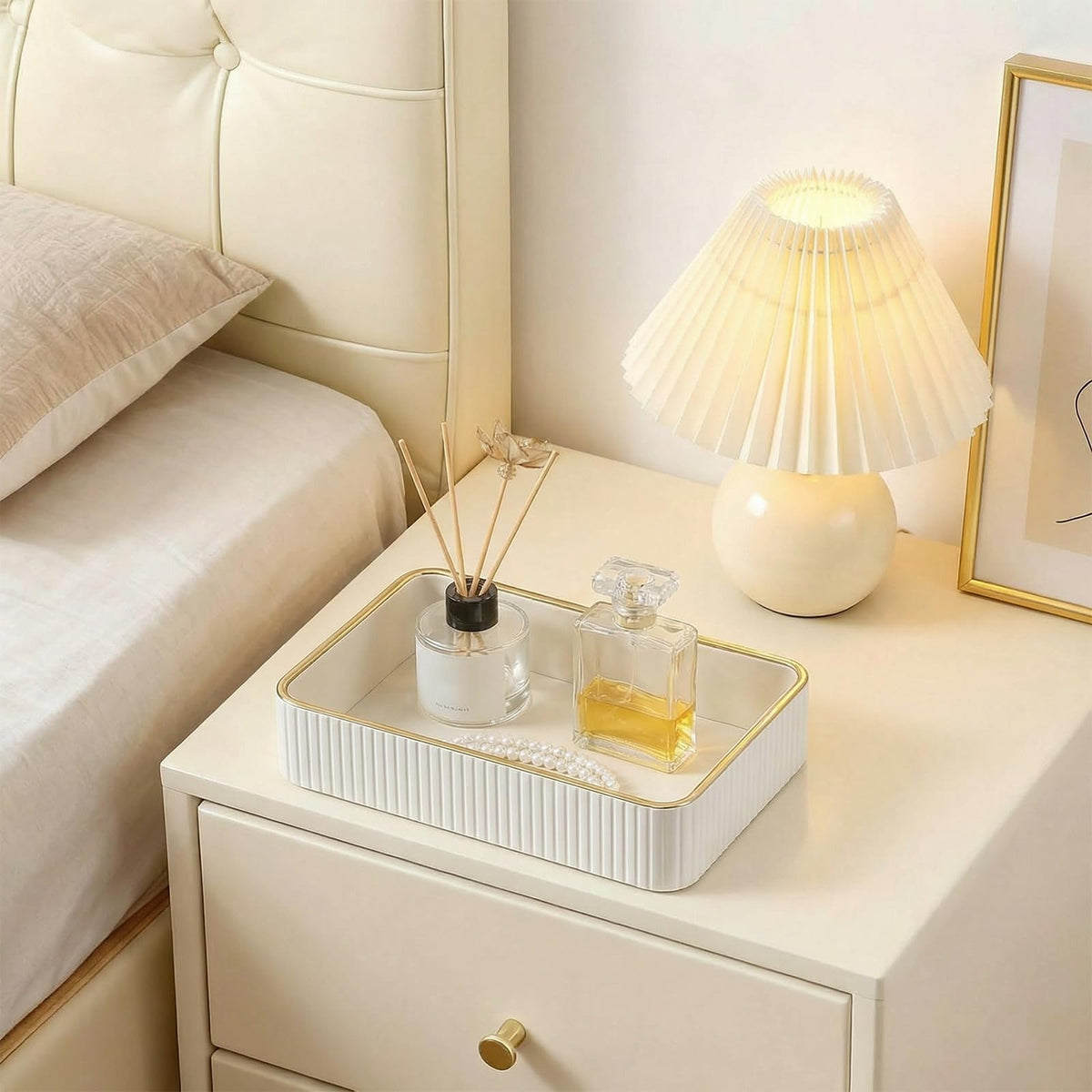 Cream PU Leather Valet Tray–Stylish Desk Organiser, Nightstand Storage for Keys Wallets Jewelry Watches