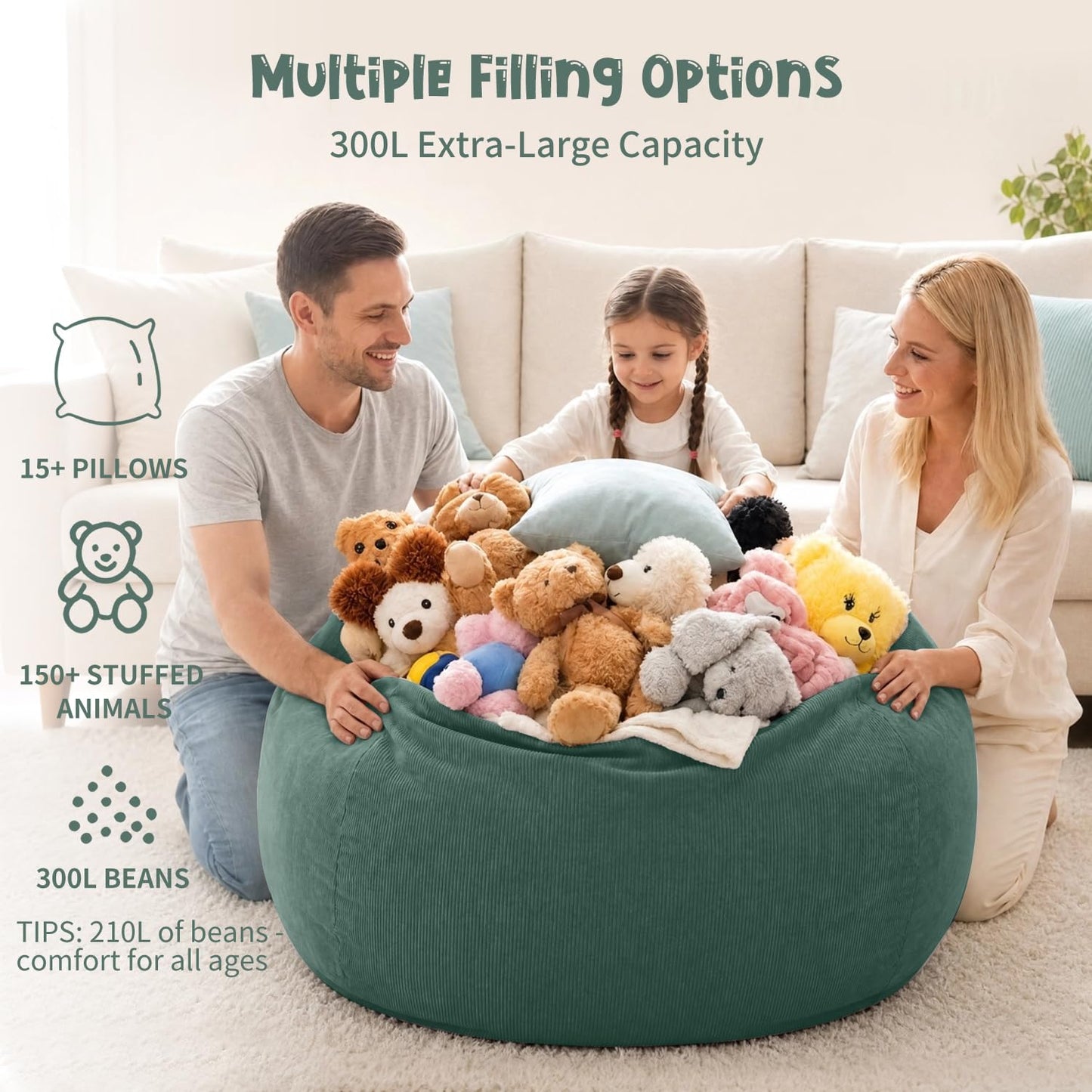 Nobildonna 3 ft Bean Bag Chair Cover (No Filler) for Adults and Kids 300L Extra Large Stuffed Animal Storage Bean Bag Washable Soft Premium Corduroy
