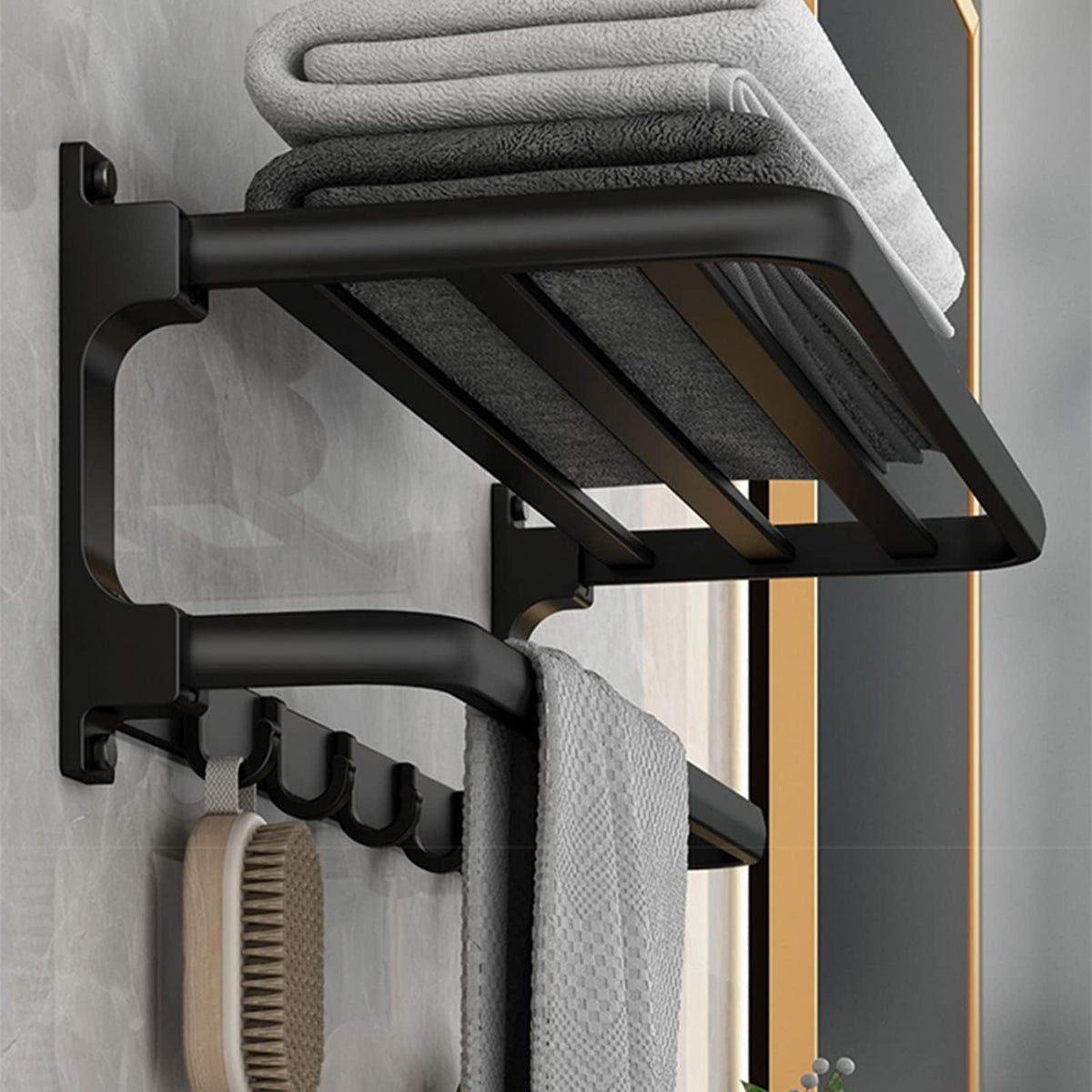 Towel Rack with Towel Bar Holder Towel Rail with 5 Hooks Foldable Towel Shelf Rustproof Towel Storage Wall Mount for Bathroom Lavatory Matte Black
