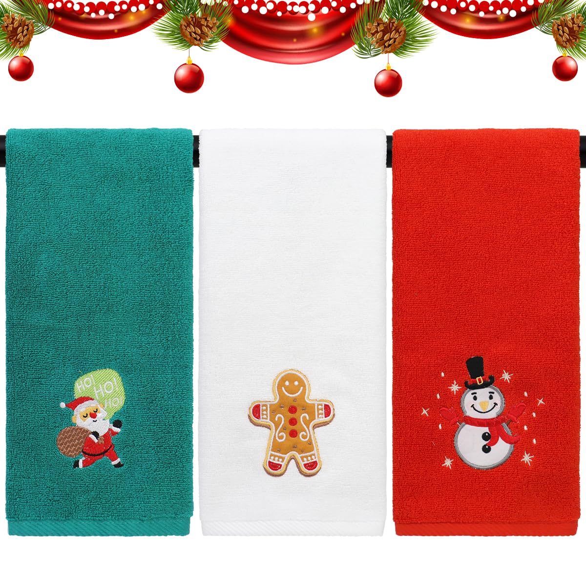 ORNACELE 3 Pack Large Size Christmas Hand Towels, 13.4 x 29.1 inch 100% Thick Cotton Christmas Kitchen Towels