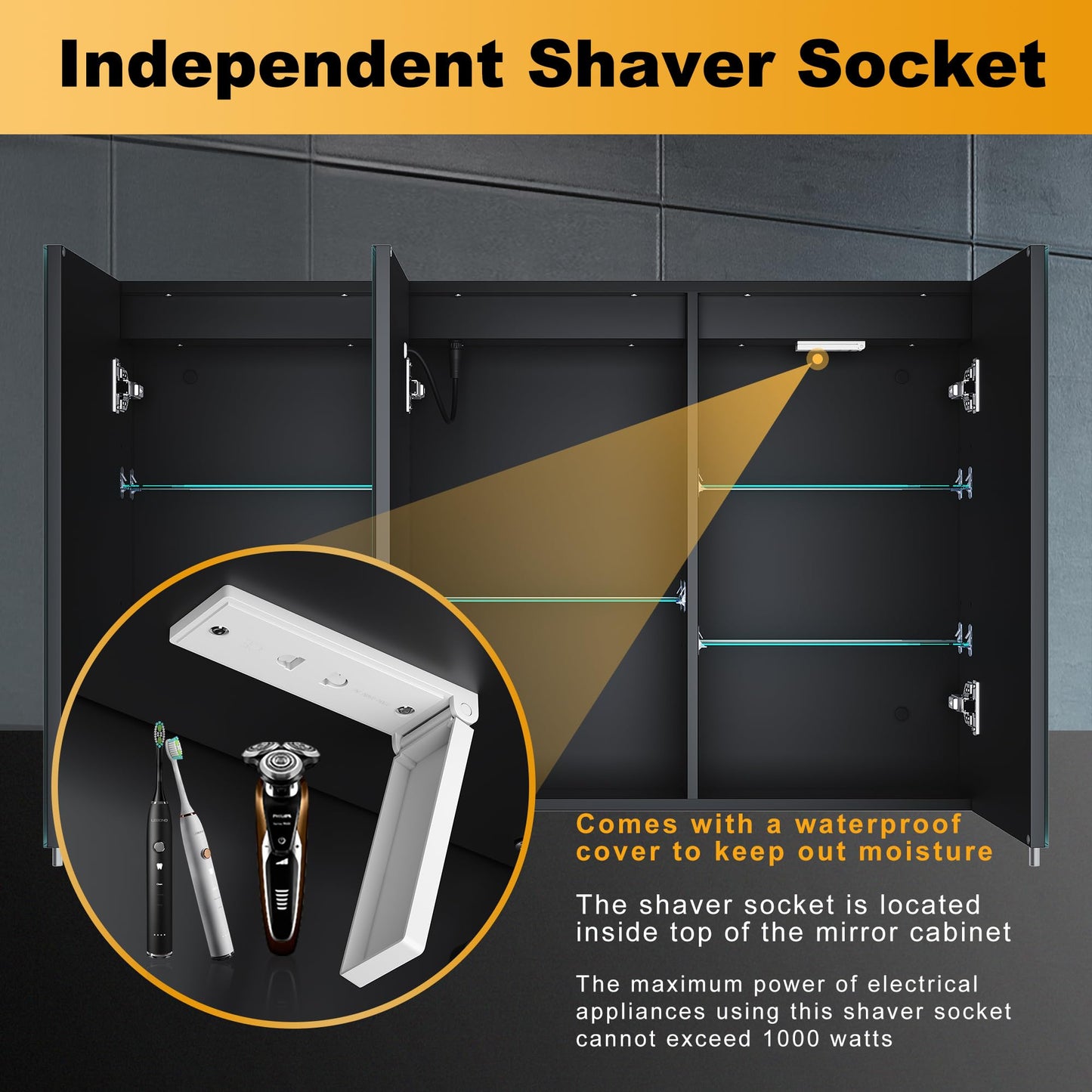ELEGANT LED Bathroom Cabinet with Shaver Socket Triple Door Wall Mounted Black Bathroom Mirror Cabinets with Three-color Infinitely Dimmable and