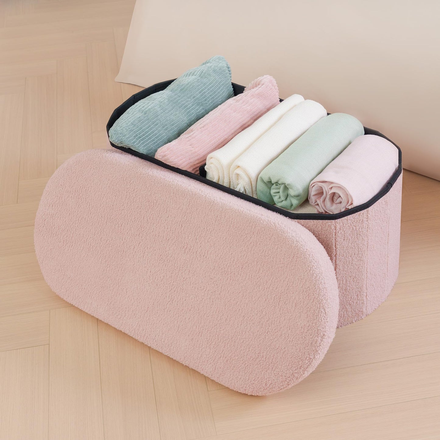 Bonlife Folding Ottoman Storage Bench,Boucle Footstool Oval, End of Bed Stool, Ideal for Living Room, Bedroom,76x38x38cm,Pink