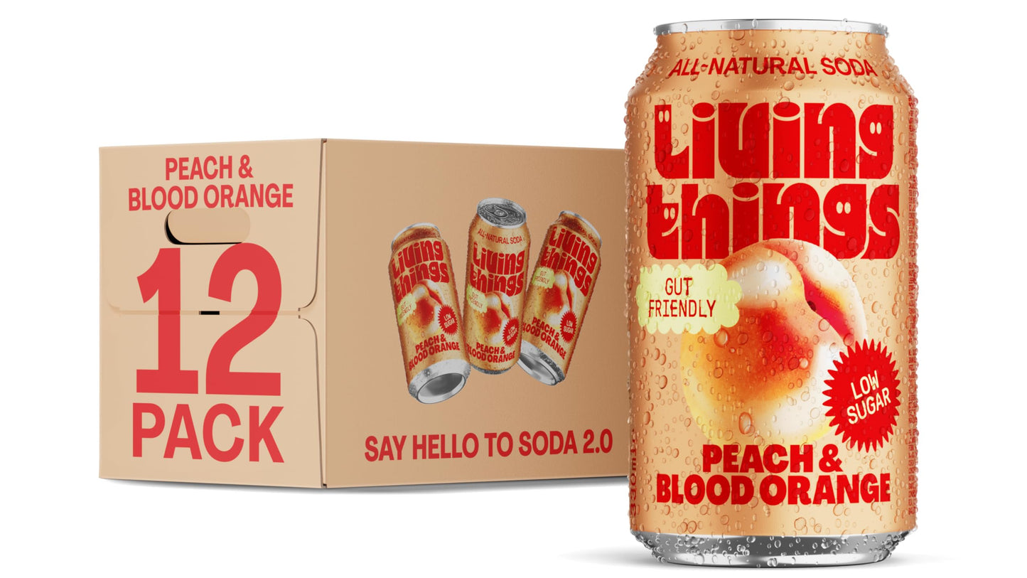 Living Things Prebiotic Soda - Gut Health & Low Calorie Drink - 12 x 330ml Cans - High in Fibre - Peach & Blood Orange