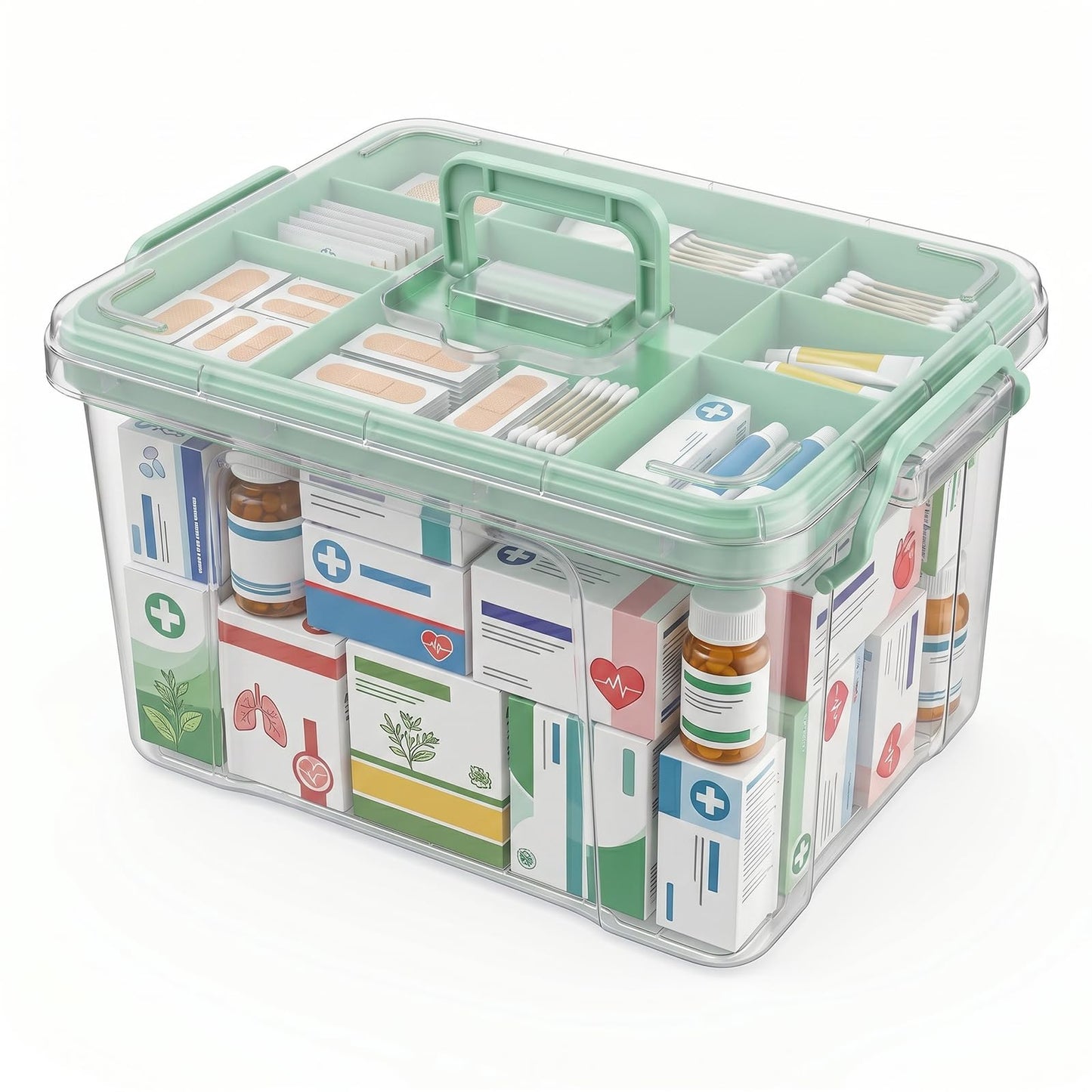 Nymblis Large Medicine Storage Box, 2-Layers Medication Box with Lid, Green