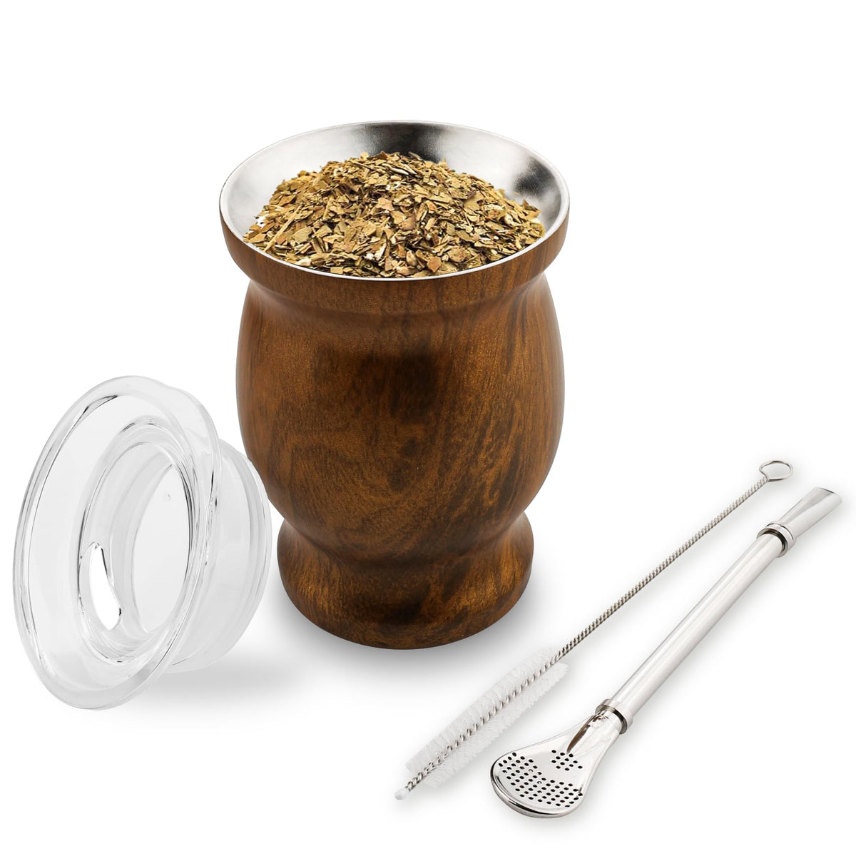 binsakao Yerba Mate Cup Set - Stainless Steel Double - Walled Mate Cup with Bombilla Yerba Mate Straw, Cleaning Brush & Lid 250ml 8.4 oz (Wood)
