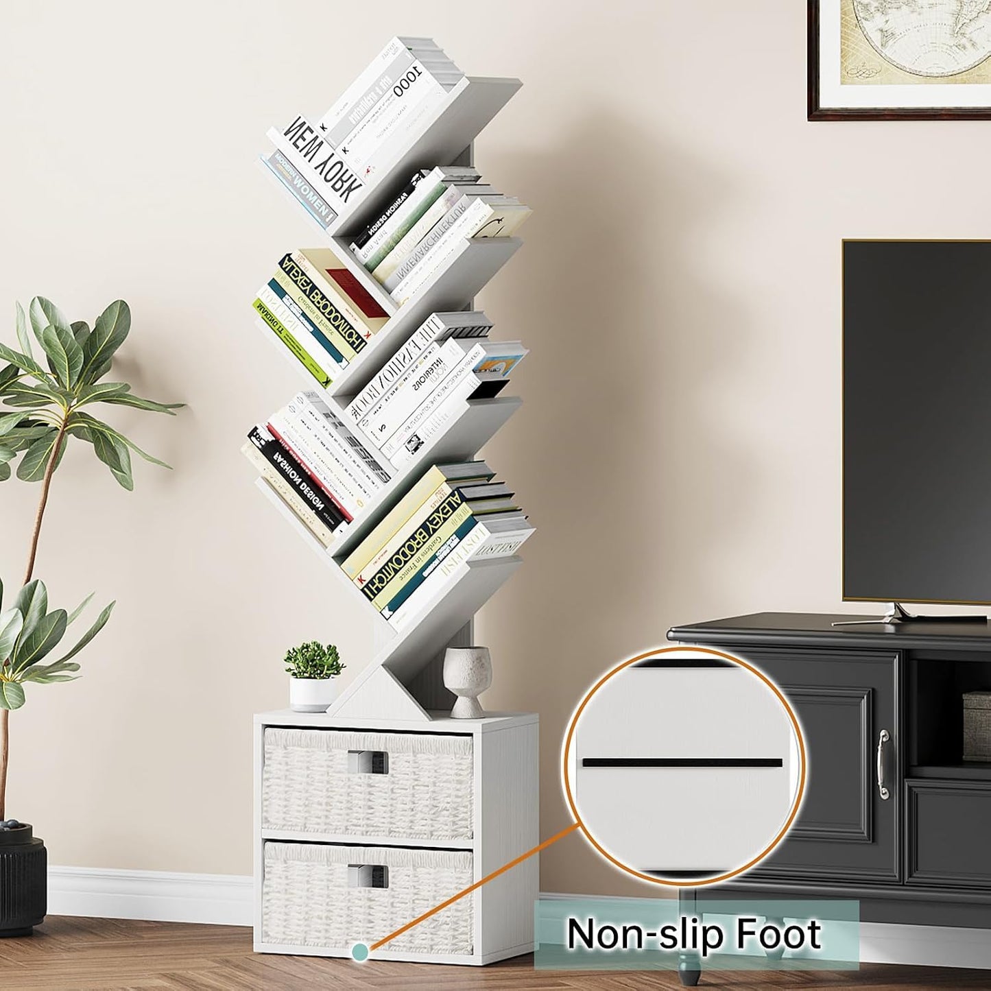 Vagusicc 6 Tier Tree Bookshelf, Modern Floor Standing Bookcase with Storage Drawer, Space Saving Storage Organizer Book Shelves for Books