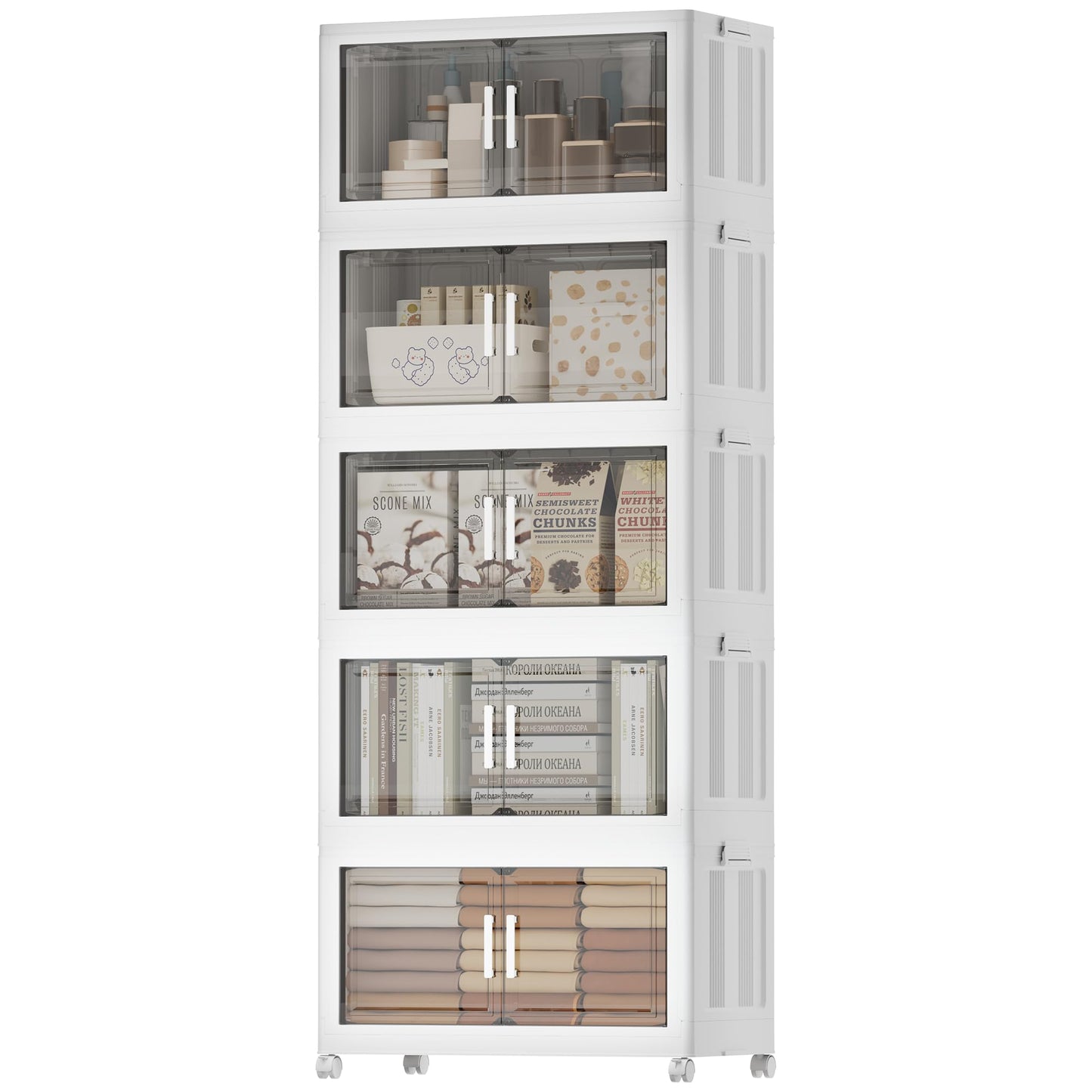 Naviconvex Storage Boxes with Lids, 5 Tier 200L Plastic Storage Box with Magnetic Doors and Wheels, Stackable Storages Boxes