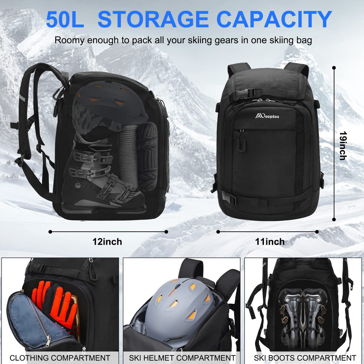 Ski Boot Bag, 50L Ski Boot Travel Backpack 1680D Nylon Waterproof Ski Bag for Ski Boots, Ski Helmet, Goggles, Gloves, Apparel & Skiing Gear
