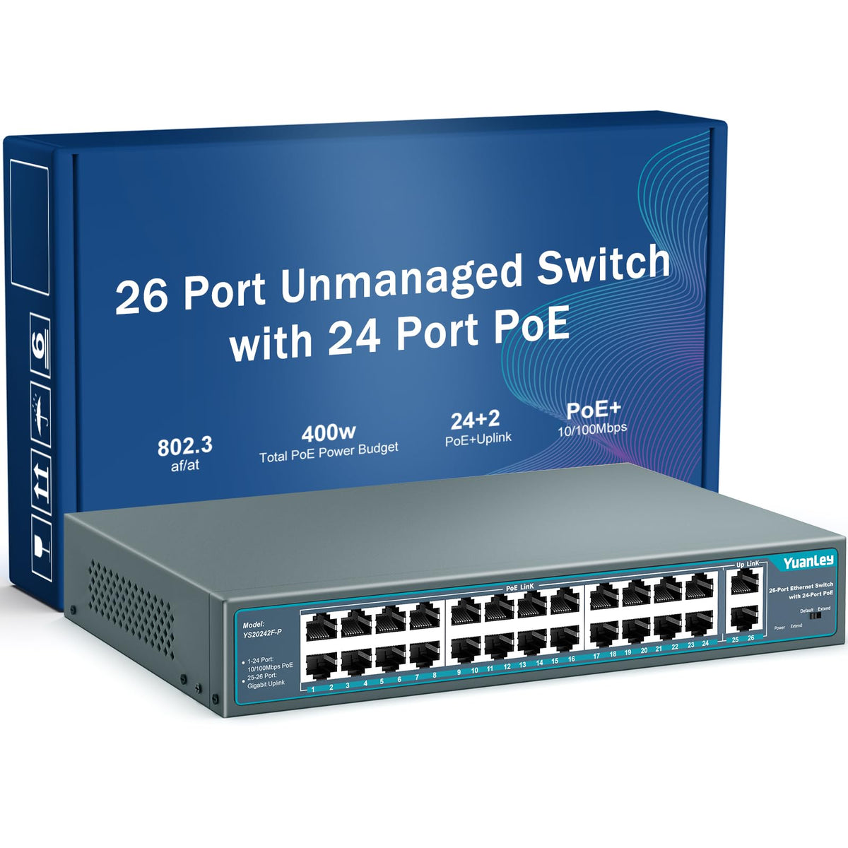 YuanLey 26 Port PoE Switch, 24 PoE+ Port 100Mbps, 2 Uplink Gigabit, 802.3af/at 400W High Power, Rackmount Unmanaged Plug and Play