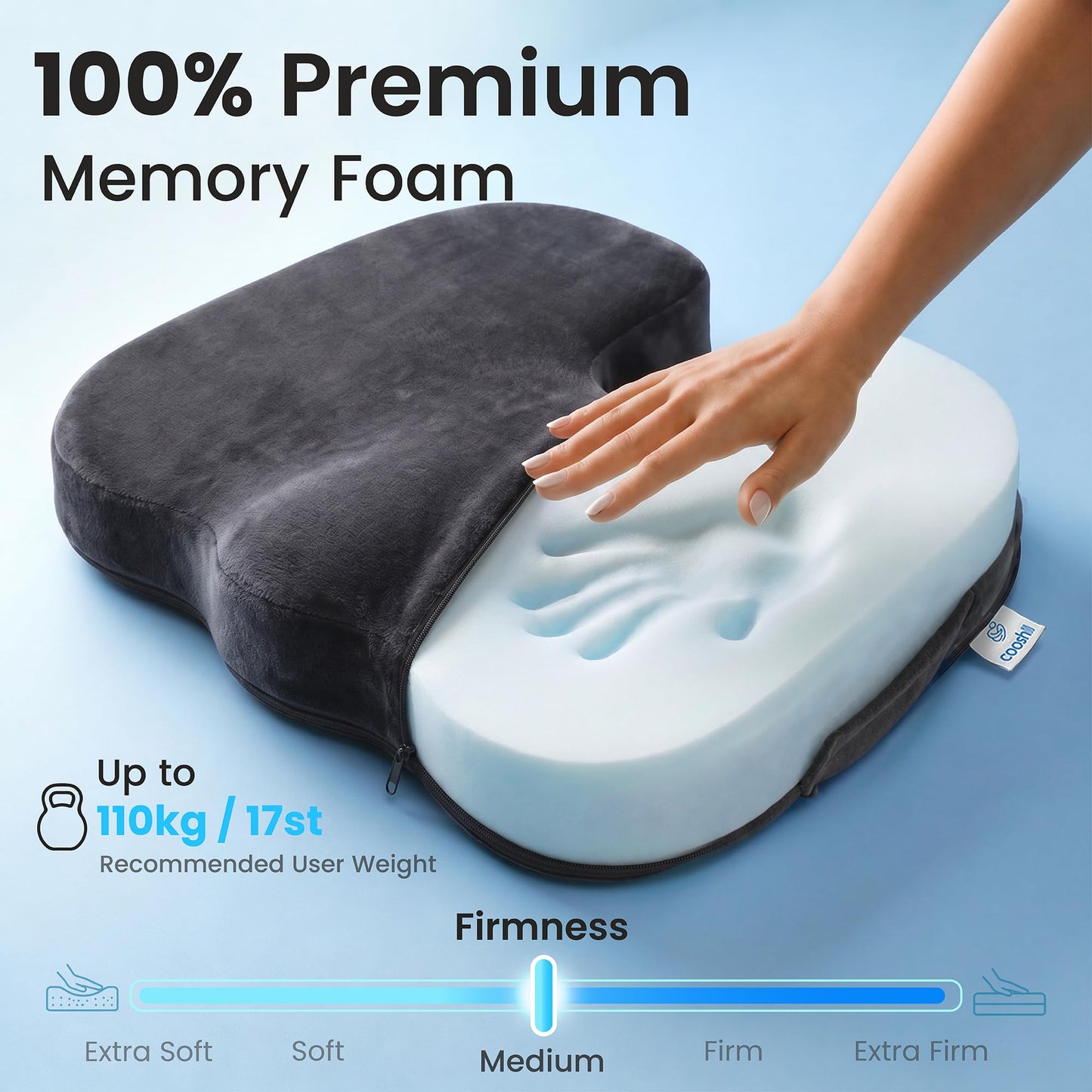 Cooshii Memory Foam Seat Cushion Ergonomic Coccyx Support for Posture, Sciatica & Long Sitting – Office Chair Cushion for Car, Desk, Gaming
