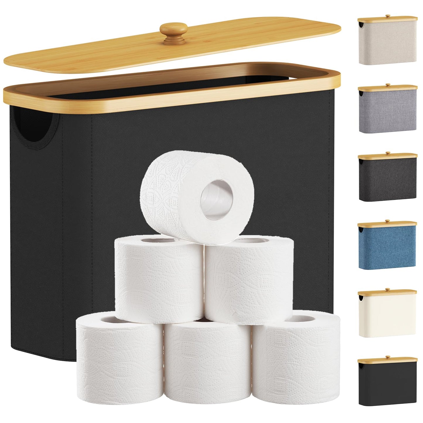 Lifewit 23L Toilet Roll Storage, Bathroom Storage Box Holder Stand with Lid, Bamboo Multifunctional Toilet Paper Basket Cabinet with Handle, Black