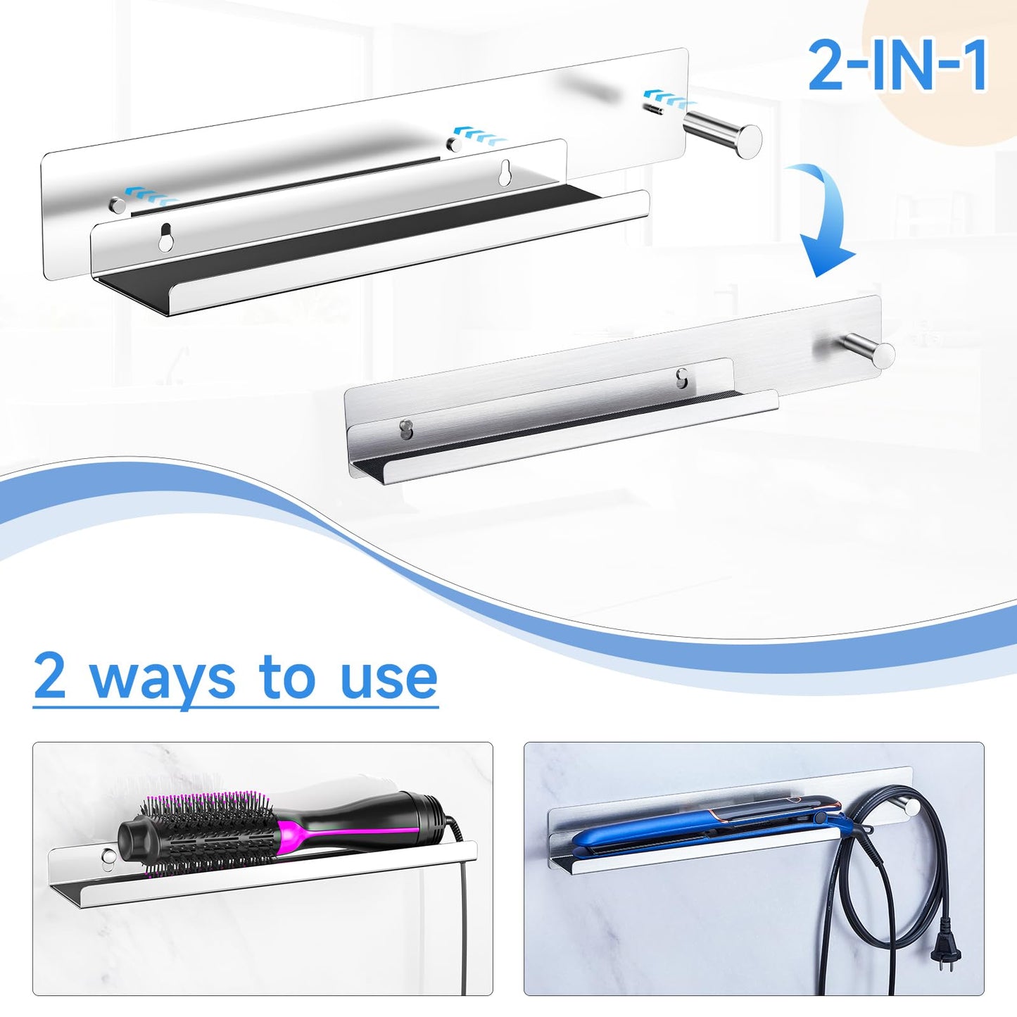 Hair Straightener Holder Wall Mount, Hair Tool Organiser for Curling Irons Styler Accessories Storage, Stainless Steel Hair Brush Holder