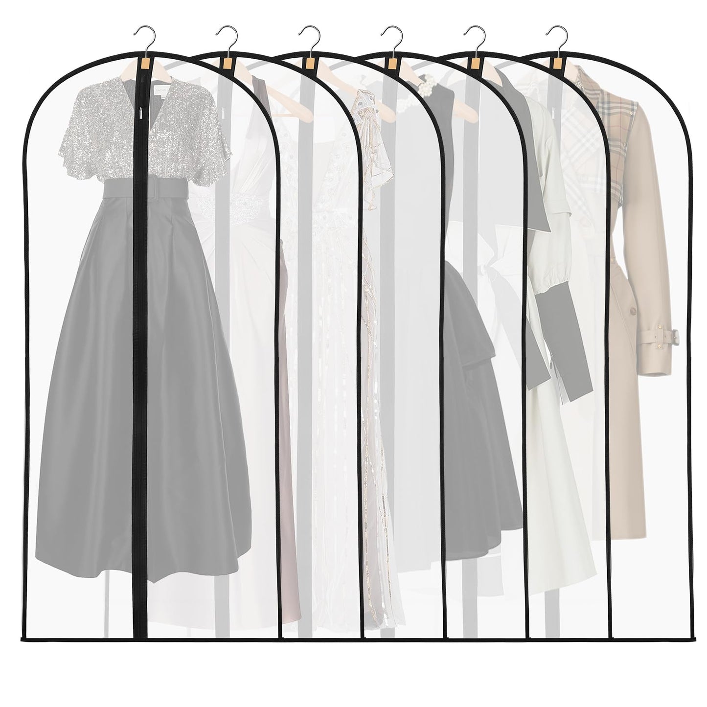 6 Pack Dress Bags Covers Long, 55in PEVA Garment Bags Suit Bags, Black Edge