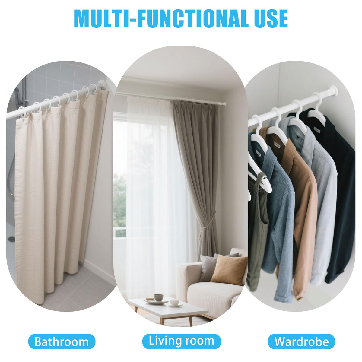 White Shower Curtain Bar Without Drills Adjustable Curtain Rods 71-199cm Non-Slip Telescopic Curtain Clamping Rod Stainless Steel Clamping Rod for