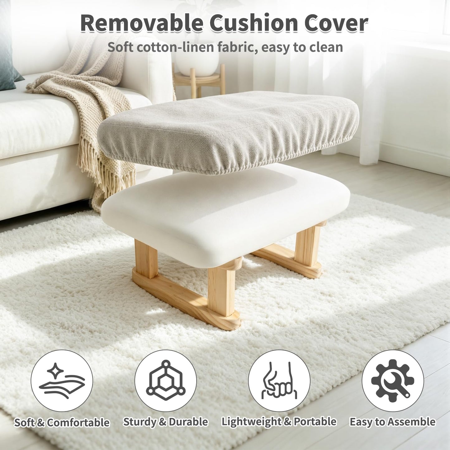 Margolongte Foot Stool, Pouffe Footstool with Removable Cover, Linen Fabric Small Footstool with Cushion
