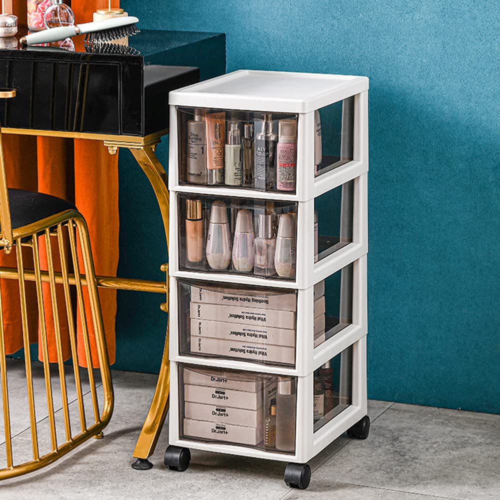 BAKAJI Space-Saving Chest with Drawers Shelves Storage Clear Polypropylene Trolley with 4 Wheels and Sturdy White Structure, Multi-Purpose Organizer