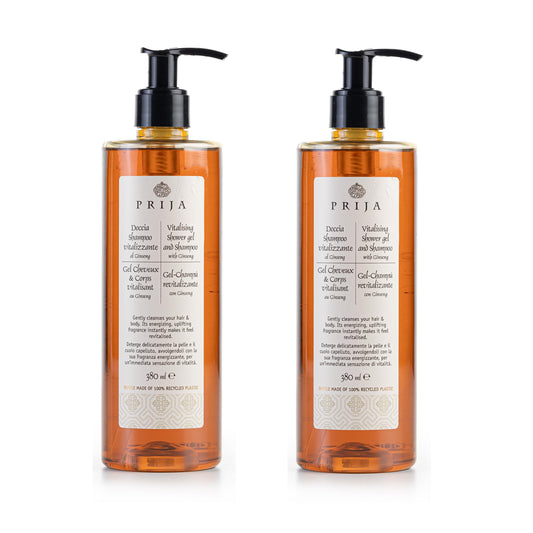 Prija Vitalising 2 in 1 Shower Gel and Shampoo with Ginseng Extract, Hydrating and Energising Hair and Body Wash Gel with Pump Dispenser, Luxurious