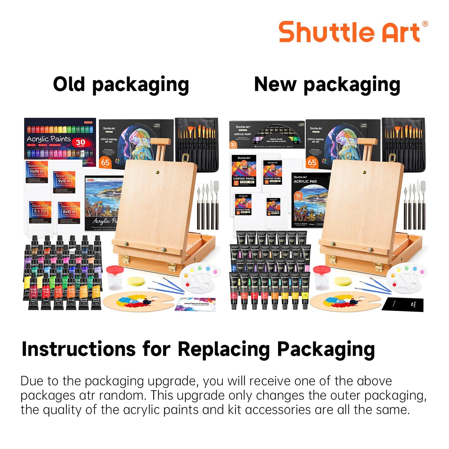Shuttle Art 65 Pack Acrylic Paint Set with Wooden Table Top Easel Box, Mixed Media Artist Art Set with 30 Colours Acrylic Paints, Blank Canvas,