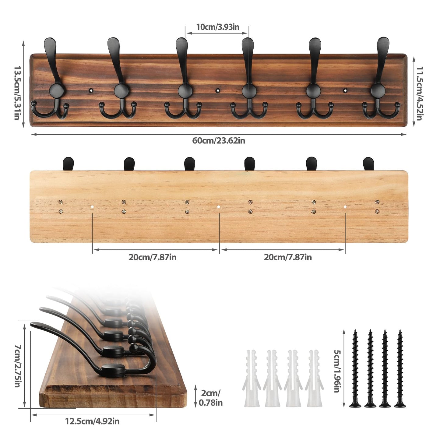 PHINGEER Wall Mounted Coat Hooks, Wooden Heavy Duty Coat Rack for Wall,6 Triple Coat Hanger Hooks for Hanging Coats,Jacket,Hat,Clothes,Brown (Brown, 6