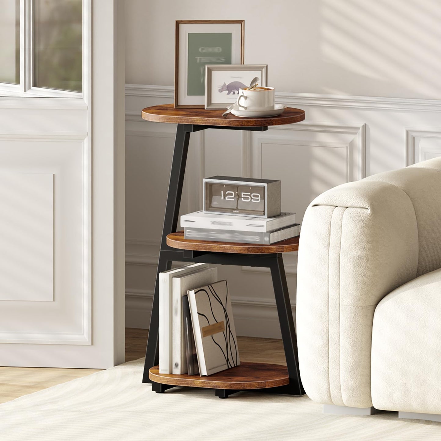 HOOBRO Side Table, Small Coffee Table with Storage Shelves, 3-Tier Oval Sofa Table Bedside Table for Small Space